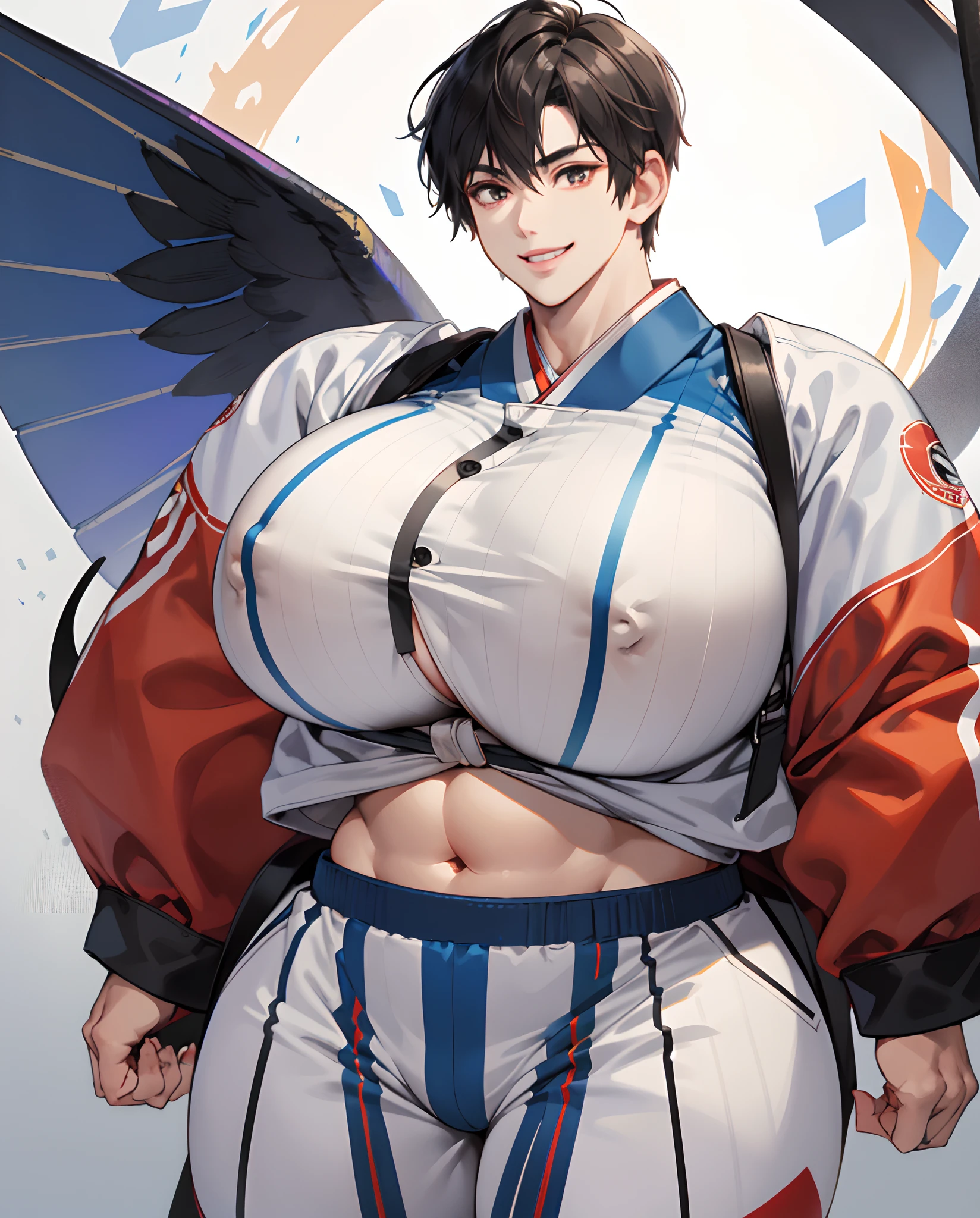high quality, in Japanese Anime style, {{{mini stature}}}, masculine face, {{{tomboy, tomboyish}}}, (((((gigantic gigantic heavy tits))))), athlete body, masculine body, straight, light smile, masculine hair, close mouth, very short hair, wearing navel baring masculine clothes, cut length, masculine eyes,