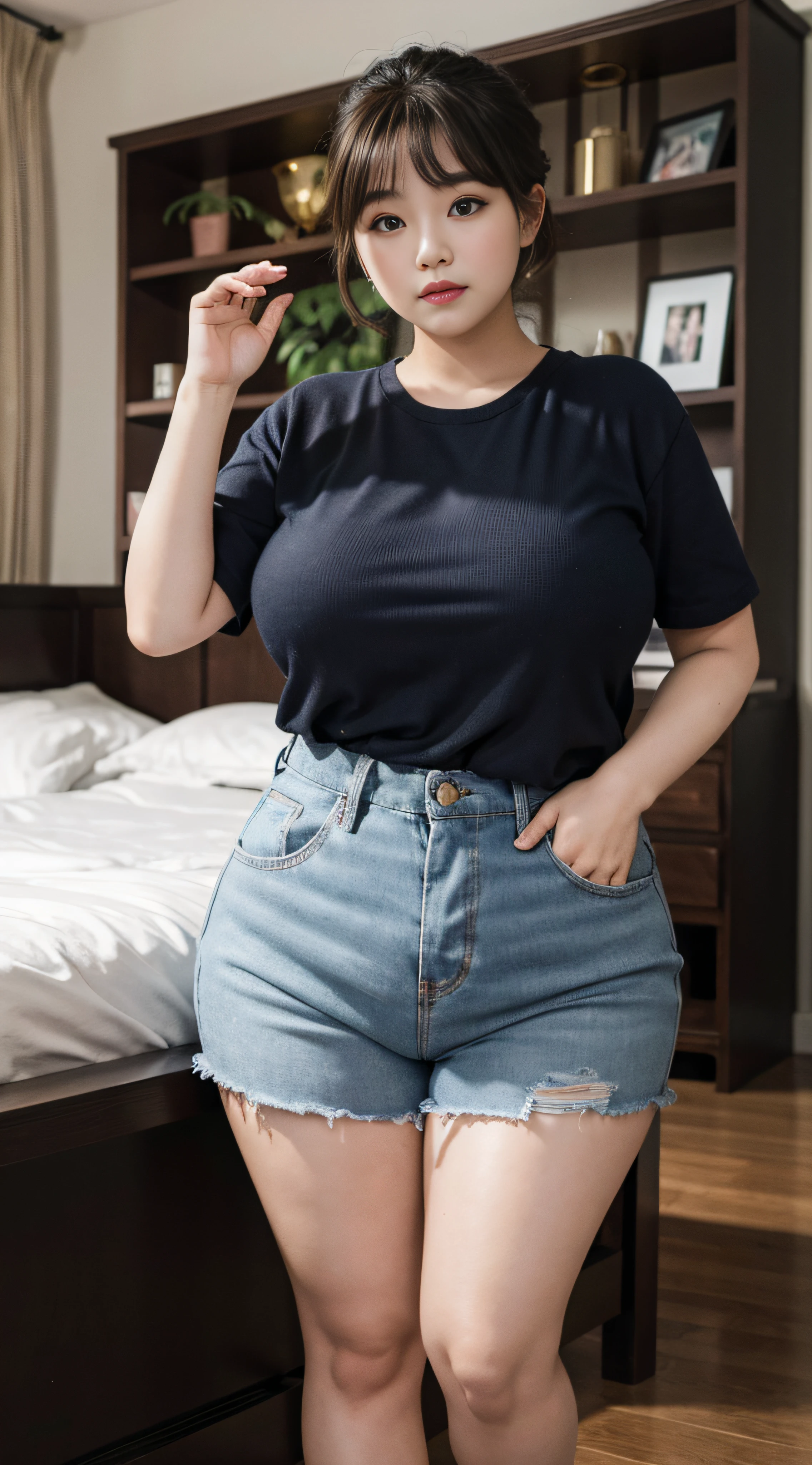 ​masterpiece、slightly chubby figure、beautiful countenance、tre anatomically correct、Cute casual outfit、Double eyelids、Fancy makeup、独奏、fullllbody、top-quality、4Ｋ、clong legs、Textured skin、Look at me、