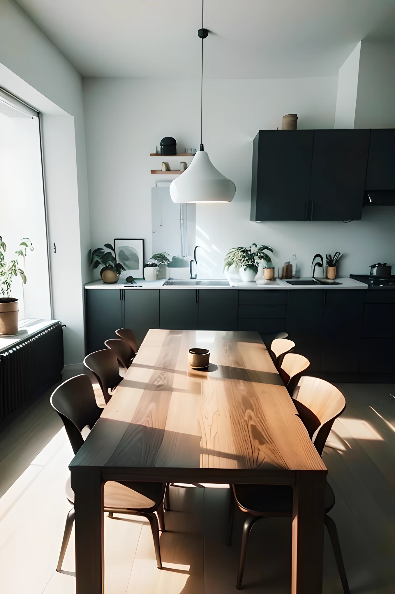 There is a large wooden table，There are chairs around, modernsimplicity, minimal modern, minimalistic and beautiful, modern minimal design, maximalist interior design, simple clean lines, with backdrop of natural light, dark and modern, apartment with black walls, minimal kitchen, elegant and refined, Modern minimalist, Award-winning shadows, cinematic accent lighting, smooth panelling --auto