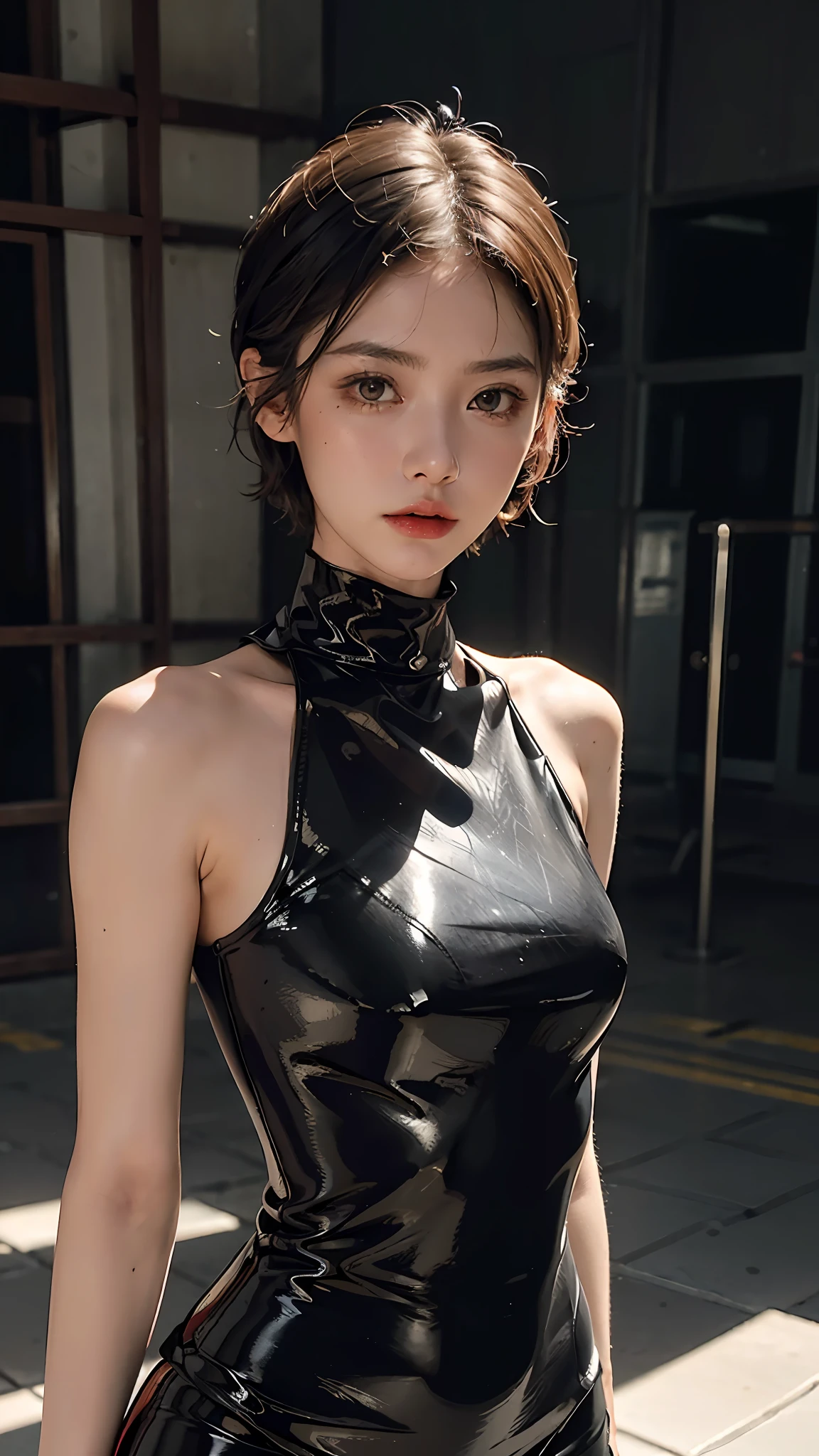 (in prison cell), woman with a whip, ((top quality, 8k, masterpiece: 1.3)), crisp focus: 1.2, beautiful woman with perfect figure: 1.4, slender abs: 1.2, ((layer cut, big: 1.2)), (rain, street: 1.2), wet body: 1.5, highly detailed face and skin texture, detailed eyes, very short hair, studio,BDSM,slave,rubberdress