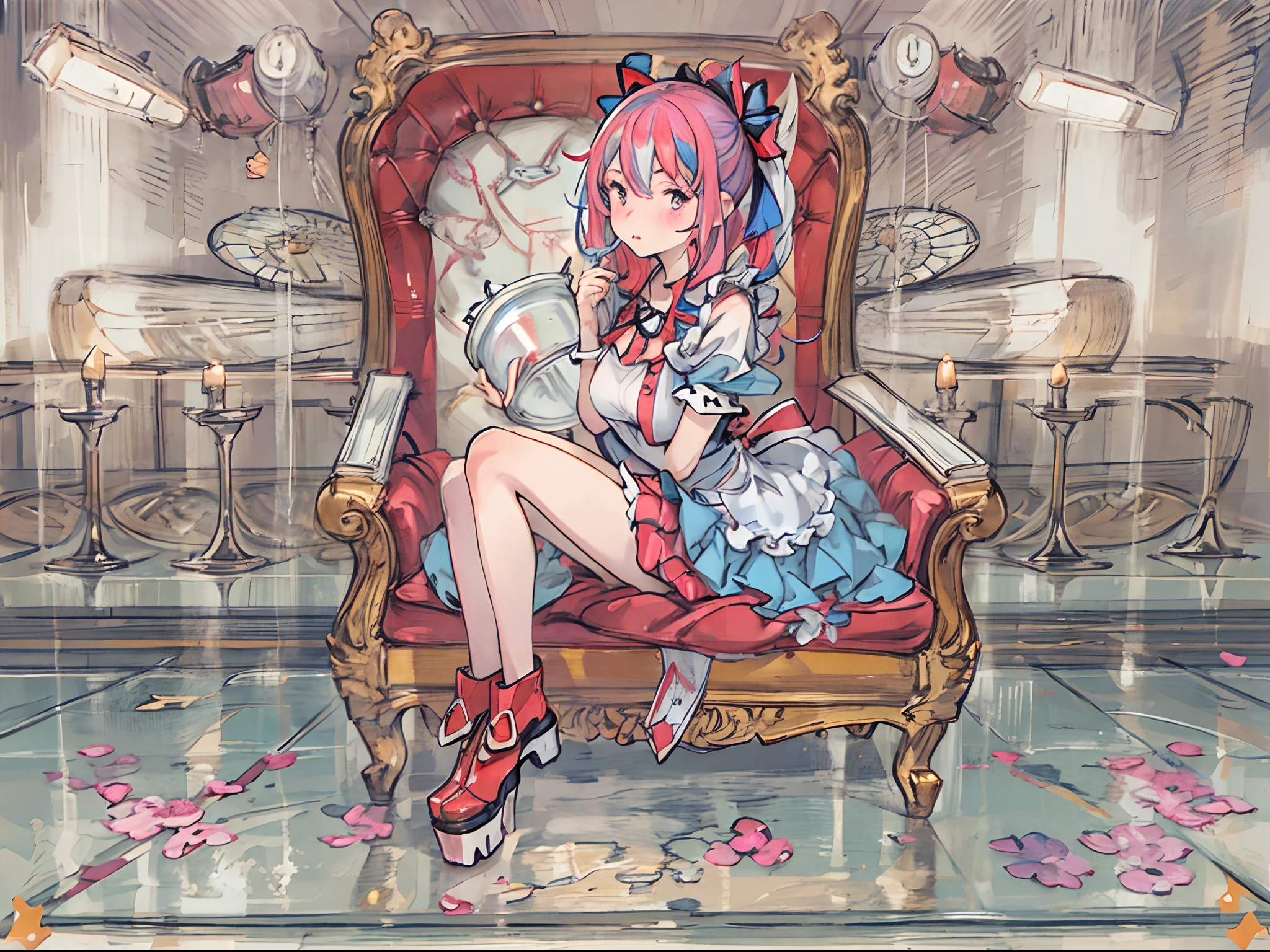 (kitchin:1.3),BREAK,Anime, Absurd, masutepiece, super detailed, Best Quality, Professional Lighting, Hyper Detail, Sharp Detail, (Light transmission), Detailed Background Information,BREAK,1 woman, Very beautiful, Detailed face description, Big beautiful purple eyes, 20yr old, BREAK,(Cooking), red blush, Surprised:1.3, bashful:1.2, Deep blue hair Red multicolored hair, Twin-tailed, Platform boots, BREAK,(Mini skirt maid), zettai ryouiki,Large breasts,