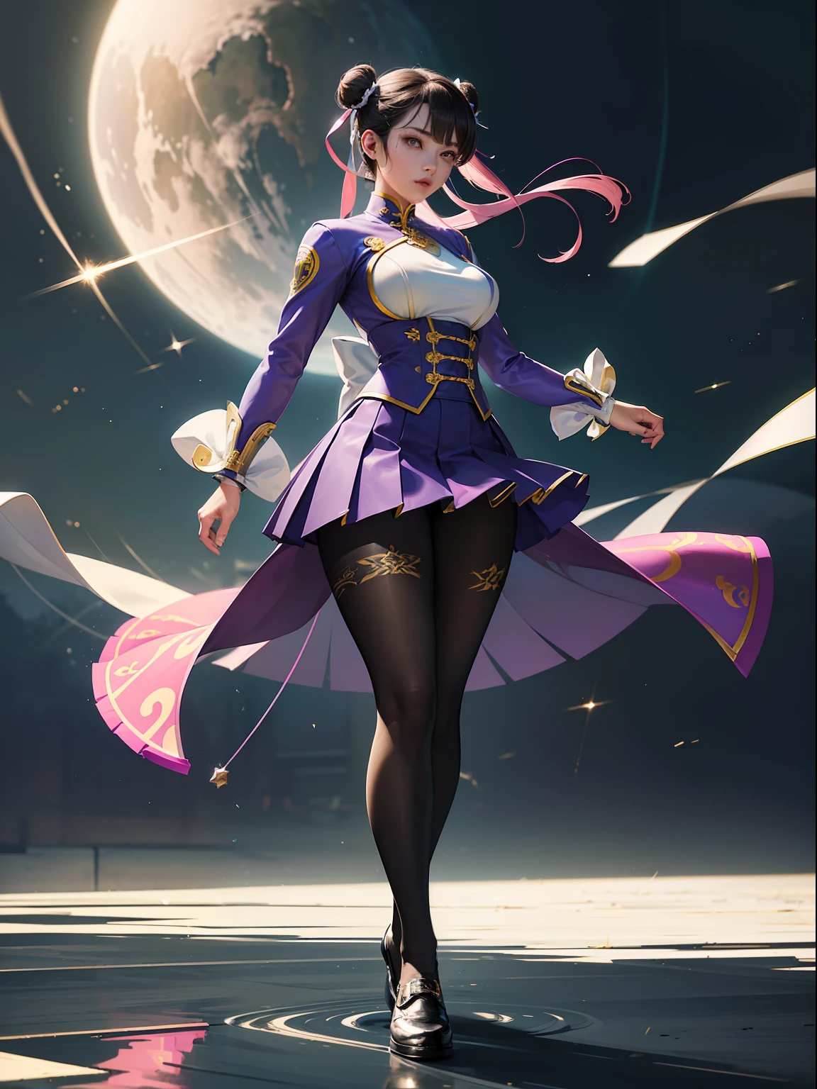 (full body:1.5),(1girl:1.3),(looking at viewer:1.4),(anatomy correct:1.3),(In the paradise of the day:1.3),(Wearing Chun Li suit JK uniform printed Ultra short pleated skirt and JK uniform leather shoes with bow decoration ,and Very thick Printed Pantyhose :1.35), (Light particle effect:1.3),(In pink | amarelo | blue colors| green color |red colors | white colors| black in color| purpleish color| greys| Beige| Flesh color 1.4),(Glowing eyes:1.3),(Large amplitude action: 1.3),(Accurate and perfect face:1.4),(Clothing Gloss:1.25),(Skin reflection:1.25),hyper HD, Ray traching, reflective light,structurally correct, Award-Awarded, high detal, lightand shade contrast, Face lighting,cinmatic lighting, tmasterpiece, super detailing, high high quality, high detal, best qualityer, 16k,high contrast,