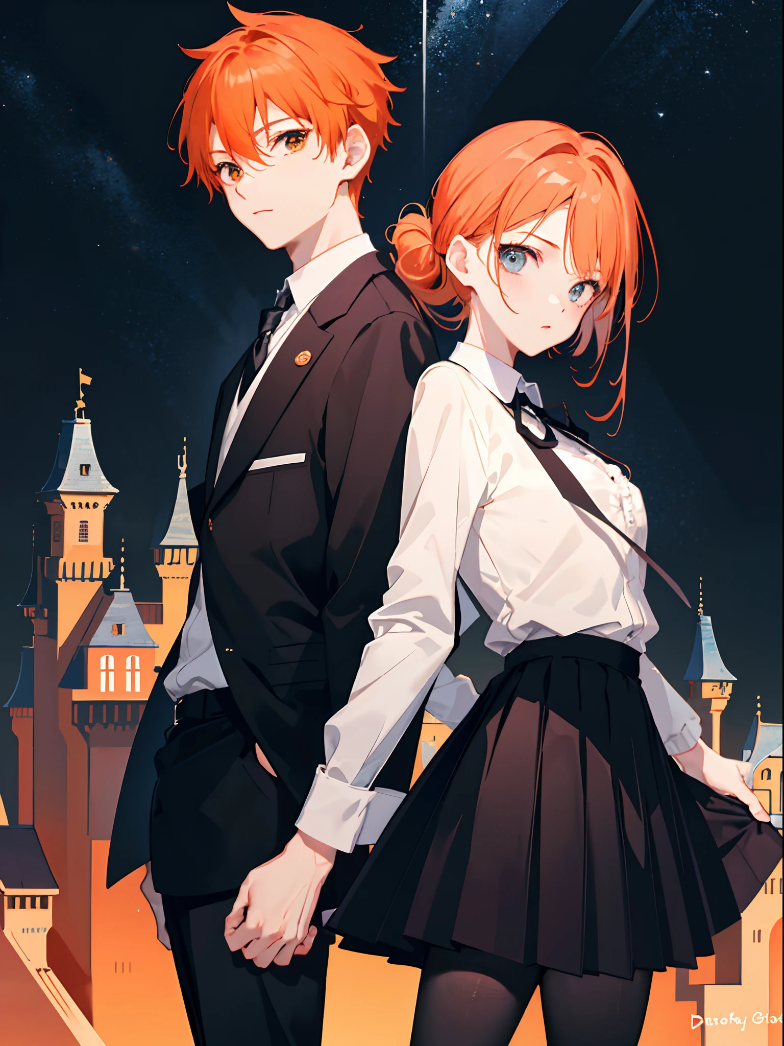 ((Masterpiece)), (Best quality), (Beautiful), (masterwork), (Hyper-realistic), (the wallpaper), (((1girl and 1boy))), (((Hold each other's waist))), ((((view the viewer)))), (The girl has orange hair，The boy has black hair), (((background castle, Night sky))), (couple, Lovers, hetero), (************), (Black school uniform，wearing a tie), (Black blazer), Black pantyhose, ((Large breasts)), Pleated skirt, ((parted hair)), ((The boy's hair was tied up))