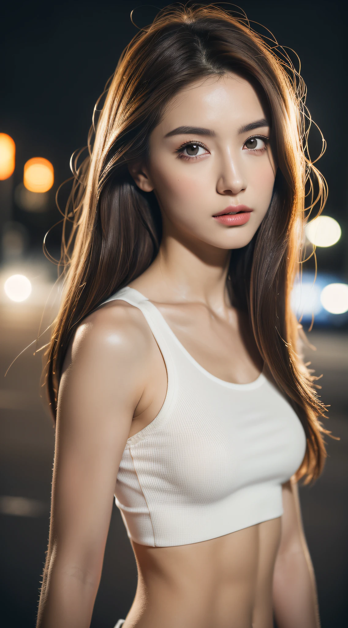 ((Realistic lighting, Best quality, 8K, Masterpiece: 1.3)), Clear focus: 1.2, 1girl, Perfect Figure: 1.4, Slim Abs: 1.1, ((Dark brown hair)), (White crop top: 1.4), (Outdoor, Night: 1.1), City streets, Super fine face, Fine eyes, Double eyelids,