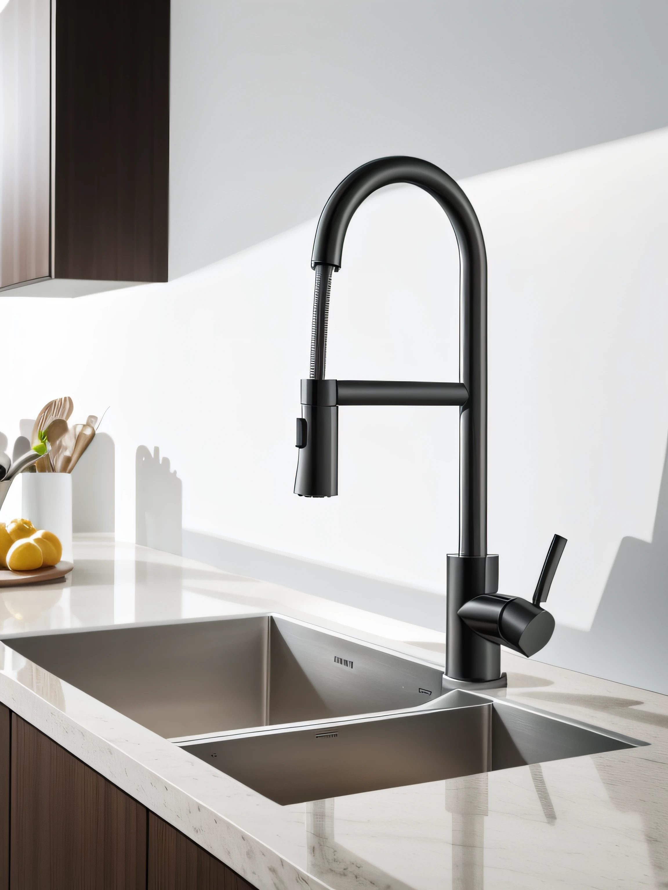 The kitchen faucet is realistic and minimalist