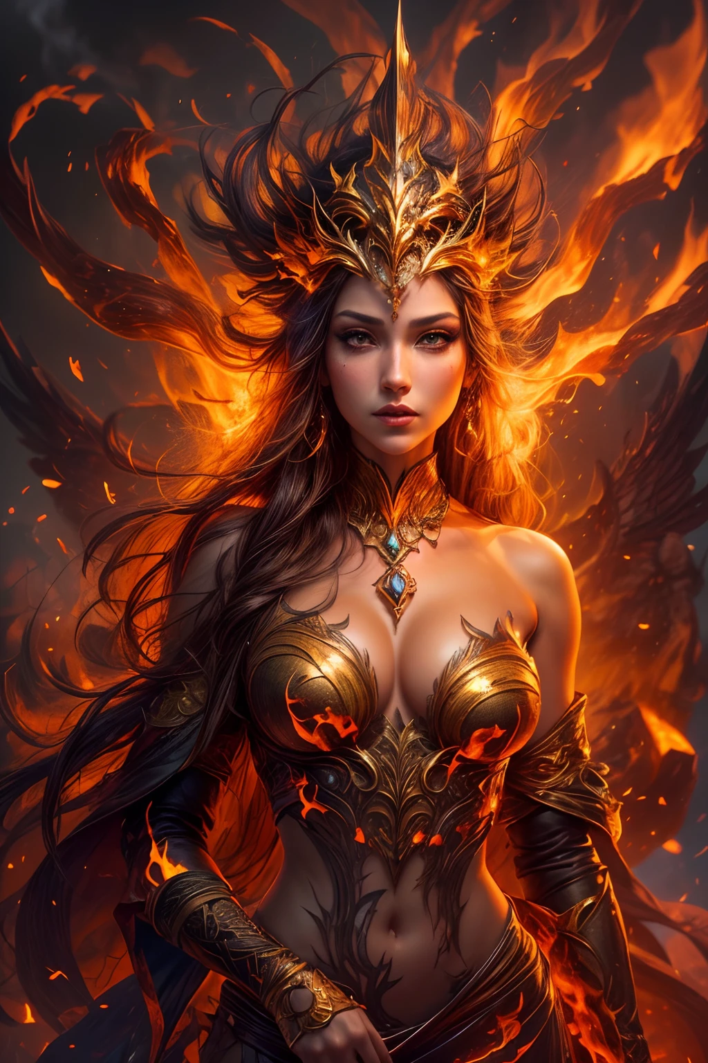 This (realistic fantasy) art contains embers, real flames, real heat, and realistic fire. Generate a masterpiece artwork of a ite female fire druid with large (((orange and gold))) eyes. The fire druid is awe-inspiring with beautiful ((realistic fiery eyes)) alight with confidence and power. Her features are elegant and well defined, with ((soft)) and (((puffy))) and (((smooth))) lips, elven bone structure, and realistic shading. Her eyes are important and should be the focal point of this artwork, with ((extremely realistic details, macro details, and shimmer.)) She is wearing a billowing and glittering gown ((made of realistic flames)) and jewels that glimmer in the fire light. Wisps of fire and smoke line the intricate bodice of the dress. Include bumps, stones, fiery iridescence, glowing embers, silk and satin and leather, an interesting background, and heavy fantasy elements. Camera: Utilize dynamic composition techniques to enhance the realistic flames.