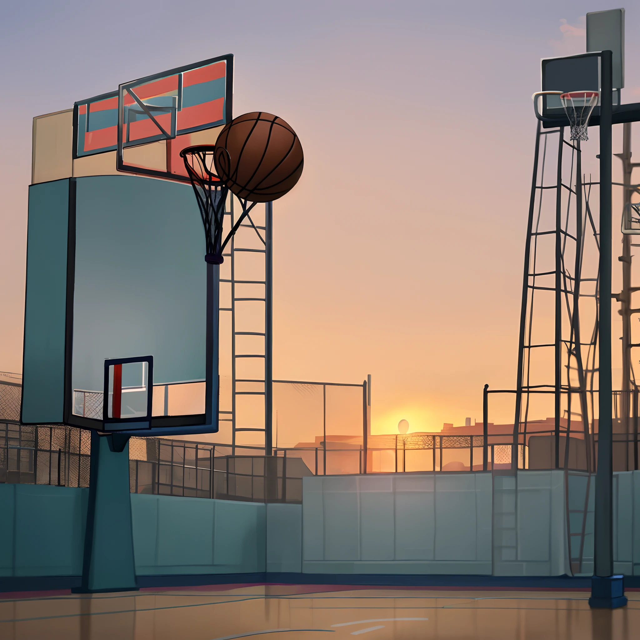 basketball court, basketball hoop, rebound, basket, sea, sunset, no one close-up