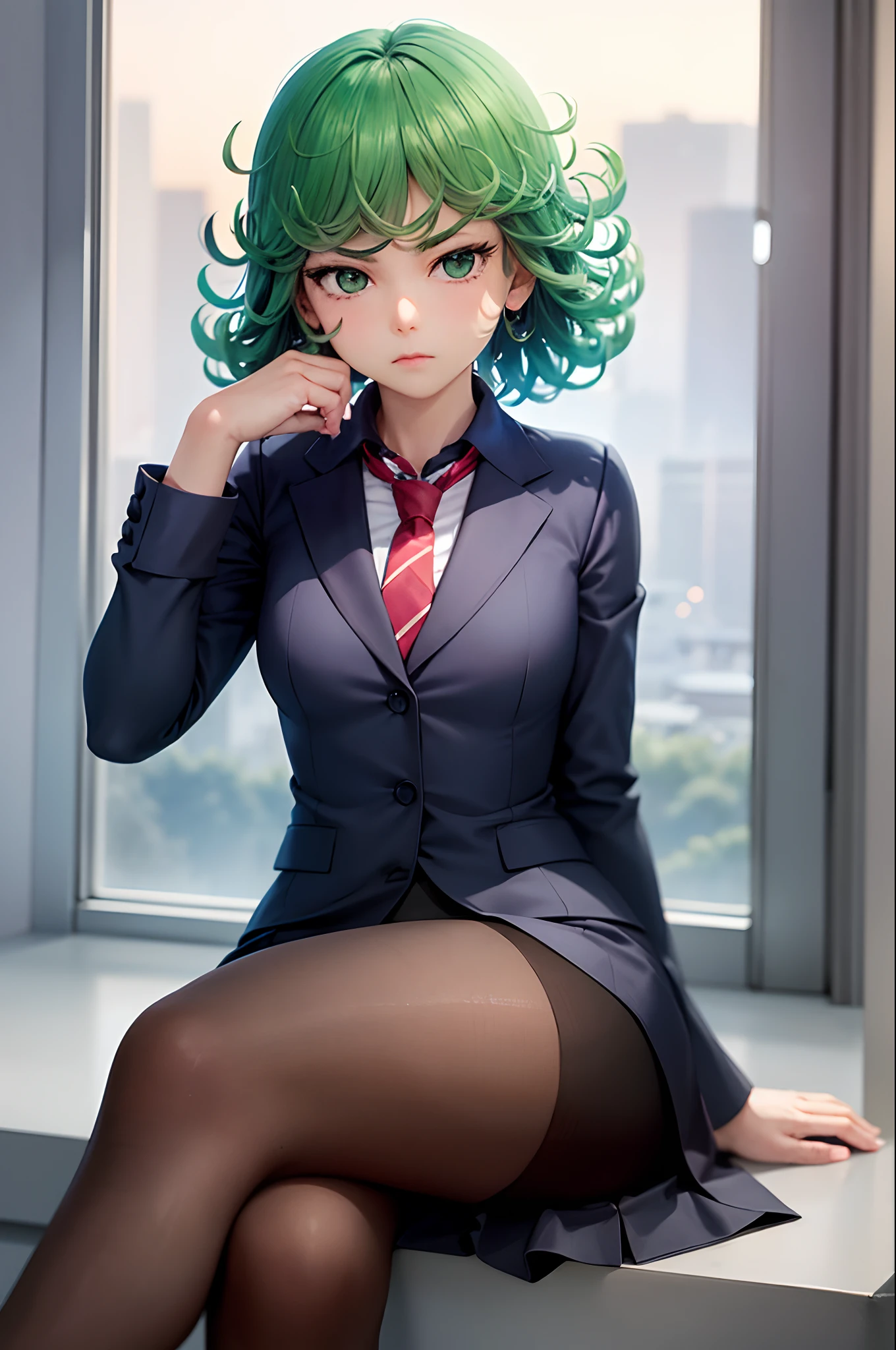 (masterpiece, best quality:1.2), solo, 1girl, tatsumaki, unamused, closed mouth, looking at viewer, hand on own face, sitting, crossed legs, collared shirt, necktie, skirt, pantyhose