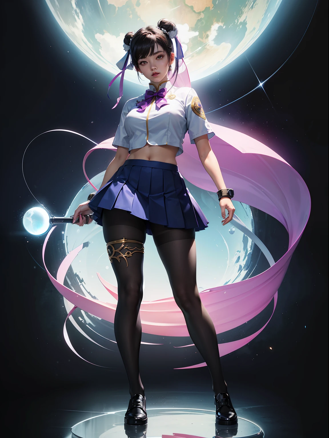 (full body:1.5),(1girl:1.3),(looking at viewer:1.4),(anatomy correct:1.3),(In the paradise of the day:1.3),(Wearing Chun Li suit JK uniform printed Ultra short pleated skirt and JK uniform leather shoes with bow decoration ,and Very thick Printed Pantyhose :1.35), (Light particle effect:1.3),(In pink | amarelo | blue colors| green color |red colors | white colors| black in color| purpleish color| greys| Beige| Flesh color 1.4),(Glowing eyes:1.3),(Large amplitude action: 1.3),(Accurate and perfect face:1.4),(Clothing Gloss:1.25),(Skin reflection:1.25),hyper HD, Ray traching, reflective light,structurally correct, Award-Awarded, high detal, lightand shade contrast, Face lighting,cinmatic lighting, tmasterpiece, super detailing, high high quality, high detal, best qualityer, 16k,high contrast,