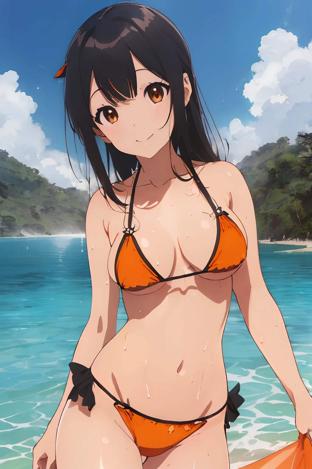 ((best quality, high resolution, imagem distinta)), (delicate illustration), 8k, 1girl, sozinho, extremamente fofo e bonito, cowboy shot, shiny-orange bikini, piscina escolar, Ao ar livre, corar, seios, Wet, (orange micro bikini), Standing, pernas abertas, de baixo, ((cabelo castanho, rabo-de-cavalo, franja contundente)), (olhos verdes:1.1), (seios grandes:1.2), sorriso leve sorriso, breath,