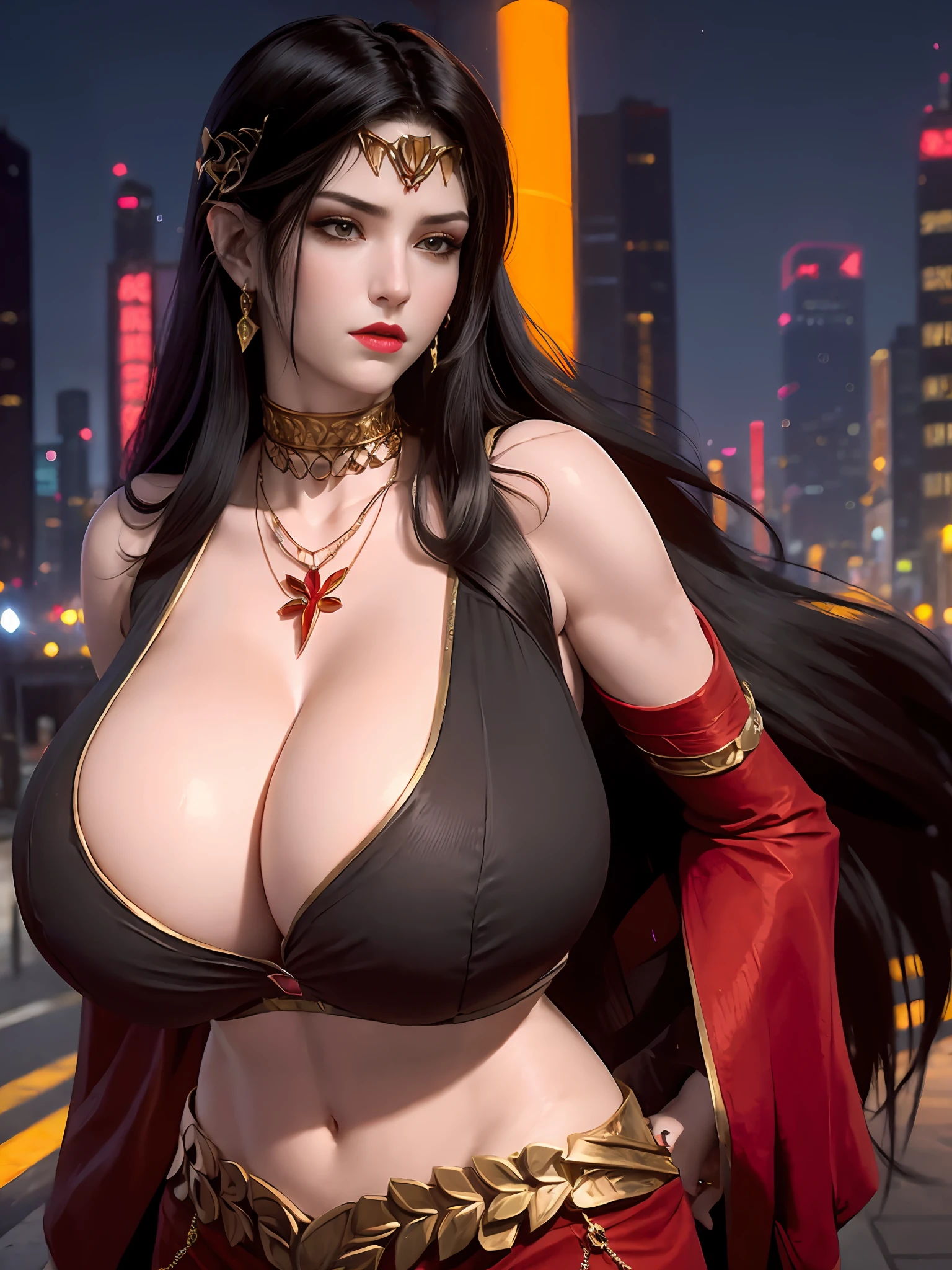 1girl,jewelry,long hair, hair ornament, necklace, cutout,navel, (huge breasts:1.5), cleavage, (muscle abs:.13), dress, forehead jewel, pants, full body, mature female, cityscape, night, looking at viewer,