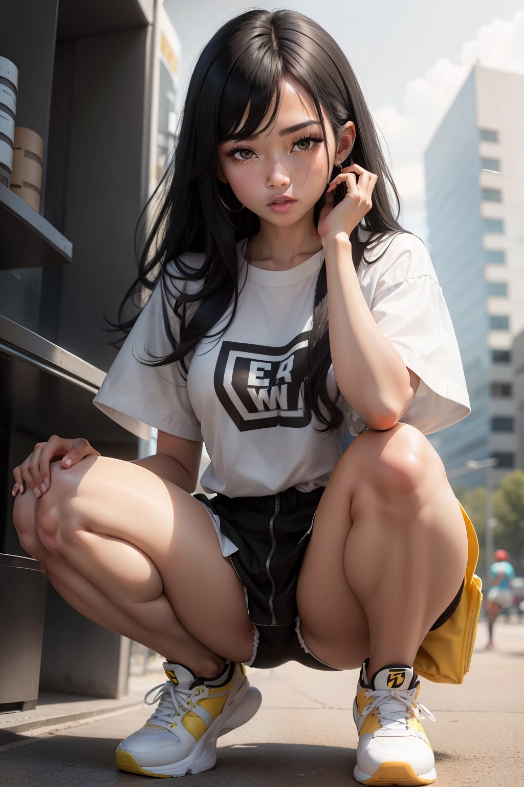 White girl with squatting black hair and yellow skin
