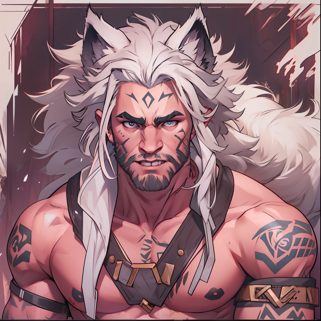 muscular Male with light beard, flowing white hair, has wolf ears, has wolf tail, shirtless, solo, alone, himbo, wearing thick leather collar, covered in tribal tattoos, happy