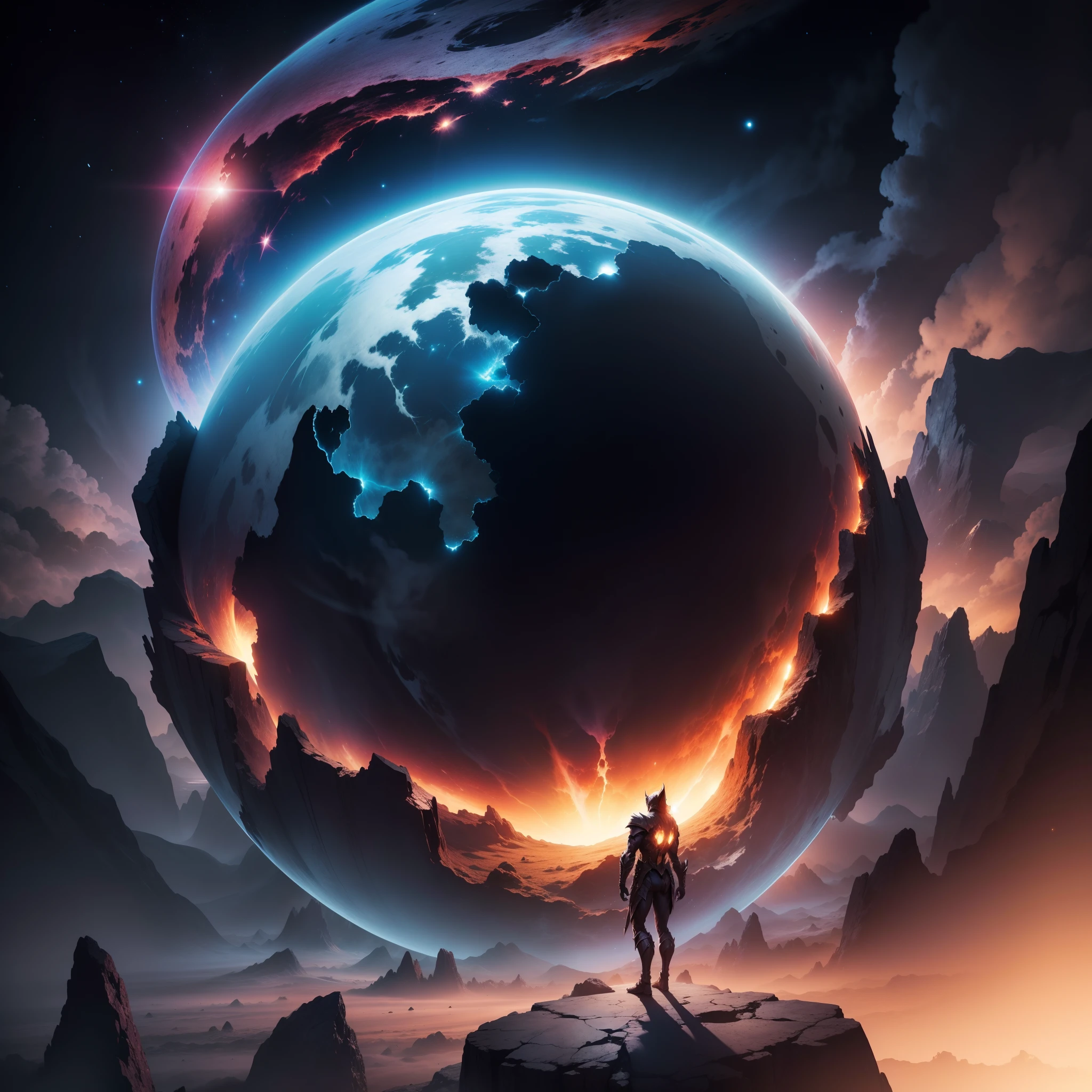 world cracking in half while demon stands over planet with nothing but the void behind