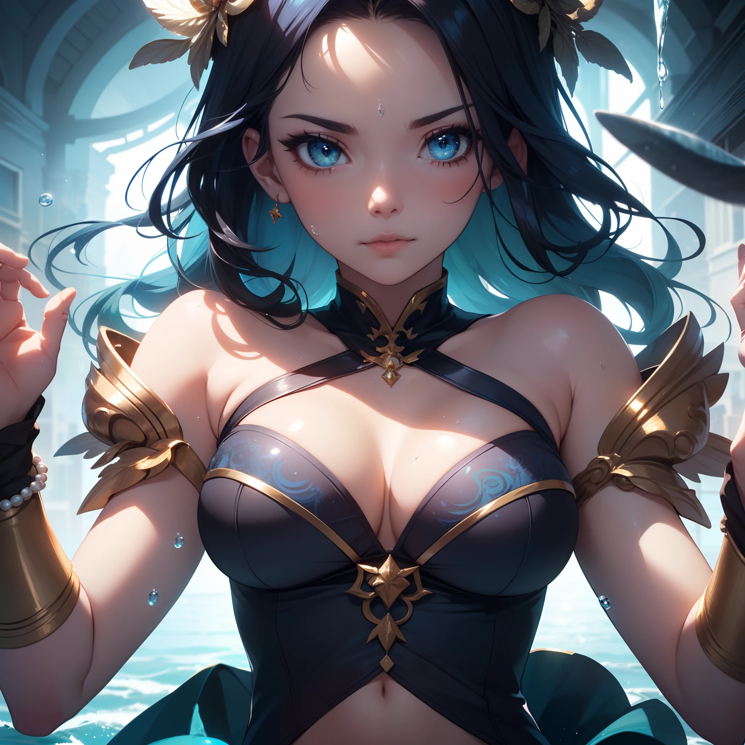 (skindentation:1.5), Realistic, Photorealistic, (masterpiece:1.5), concept art, intricate details, highly detailed, photorealistic, octane render, 8k, unreal engine, dynamic pose, best quality, highres, (realistic face:1.1), (hyperrealistic:1.1), (((close-up, front view:1.5))), perfect eyes, (shiny skin:1.2), (((hairstyle))), (((perfect hands))), (extremely detailed background), ((dynamic background)), ((luminous blue aura)), (light rays), ((1girl)), ((detailed eyes, high quality eyes, high quality face)), blue hair, radiating power, luminous blue, magic, ((dramatic)), epic, battlefield, depth of field, bokeh, 4k, gothic, water particles, large cleavage, long round legs, curvaceous, navel, chaotic city backgound, the serene water goddess commands attention, her diadem of iridescent pearls and aquamarine gemstones rests regally atop her head, an enchanting luminous pearl adorning her forehead, cascading tresses mirror the sea's ebb and flow, while her soft complexion and captivating eyes reflect the ocean's mysteries, (((adorning an opalescent black bodice with seashell patterns, her flowing skirts mirror tranquil shades of blue with golden accents))), pearl bracelets encircle her wrists, and current-like arm cuffs grace her forearms, in a poised posture, (((she conjures a water spheres))), embodying her dominion, amidst the chaos of the city battlefield, (((battle stance))), wet body, water on the skin, extremely detailed Artgem, ig model, artgem, alena aenami and artgem, krenz cushart and artgem, artgem and atey ghailan
preparing