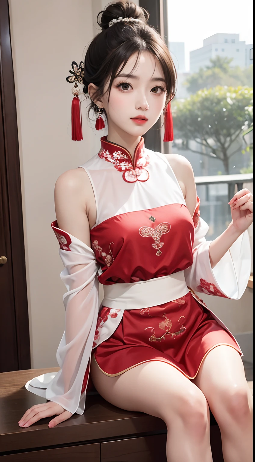 (8K, RAW photo, Photorealistic:1.25) ,( Gloss on lips, eyeslashes, gloss face, Glossy glossy skin, best qualtiy, 超高分辨率, depth of fields, color difference, Caustics, Wide light, naturalshadow, Kpop idol) Being in the room,European style,sitted,sliver long hair,White cheongsam,Red trim,Medium chest detail,8K resolution,超高分辨率,A young girl, A cute girl,short detailed hair,hair-bun,lipsticks,Tassel earrings,choker necklace,Black clear eyes,Smooth hair,鎖骨,Exquisite and perfect facial features, the most beautiful big eyes,Long eyelashes,The eyes are sweet and there are lying silkworms,dynamic angle,Extreme picture quality,Highest precision,Precise and perfect human anatomy,(((Antique tulle red Hanfu,Red embroidery))),((sitted)),Warm scene,超高分辨率,Ultra-clear vintage black flowing hair,Delicate bun)By bangs,(Long flowing hair,With a bun:1.3)),Delicate collarbones,beautiful make up,Exquisite and perfect facial features,,Big watery eyes,Lying silkworm,Long eyelashes,The eyes are sweet and have eye shadow,Slim waist,Do not show your hands,,lipsticks,Blushlush,Delicate earring earrings,pearls necklace