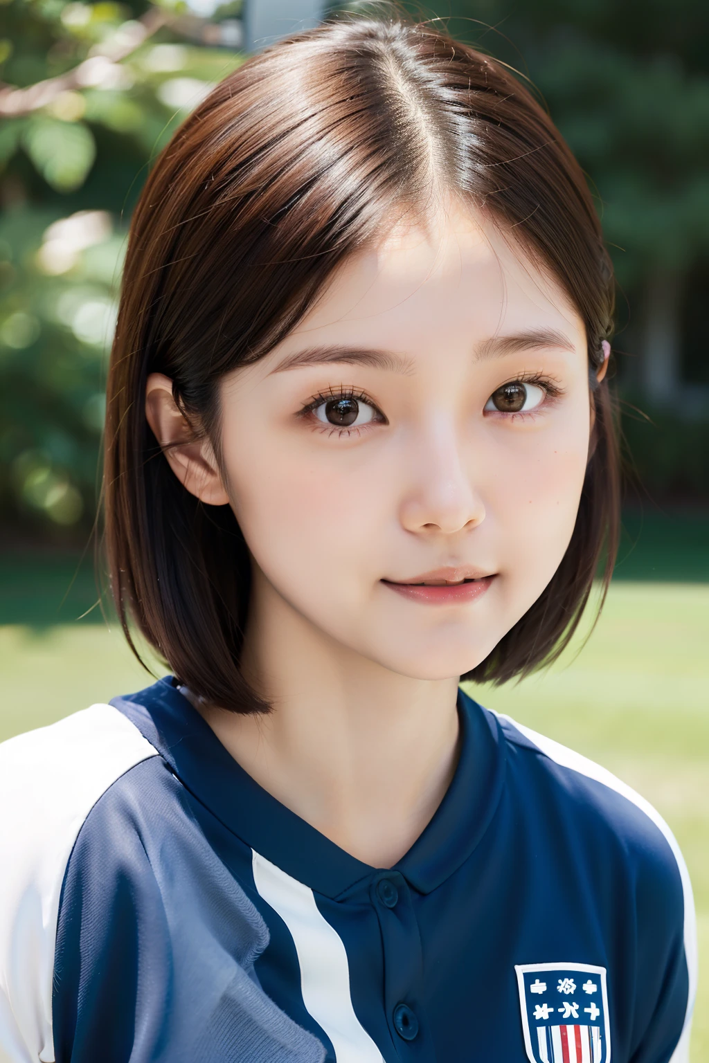 bob、short brown hair、light skinned、21age、Unclear、a small face、thin lipss、slightly lower nose、Dimples、Playing Soccer、Japan National Team Uniform、One heavy、Nanase Nishino、gland、lawn、