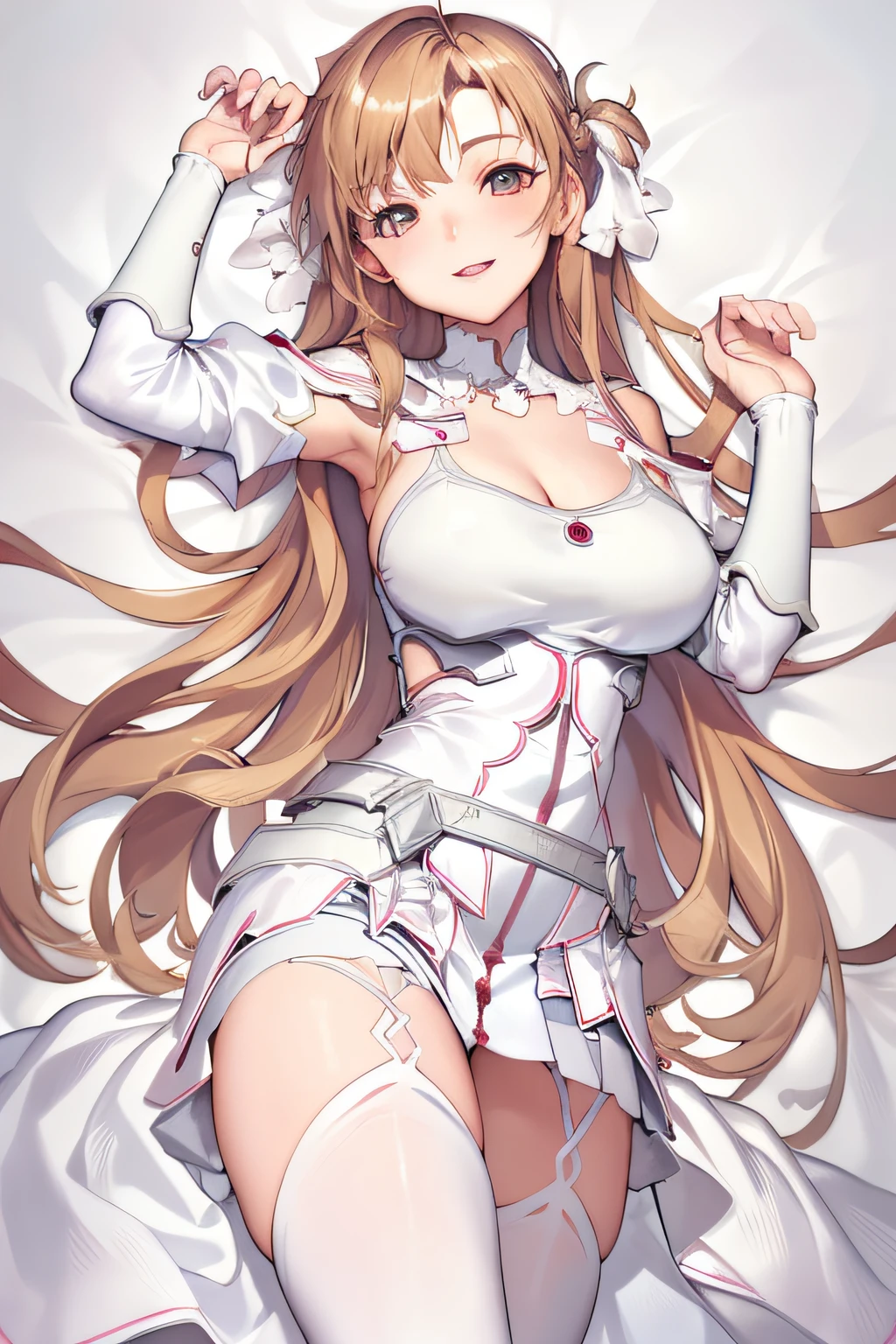 ((masterpiece)), best quality, ultra detailed,(1girl), long hair,beatiful background ,((a dress with white stockings on garters)), breasts, curvy body,lying, happy,