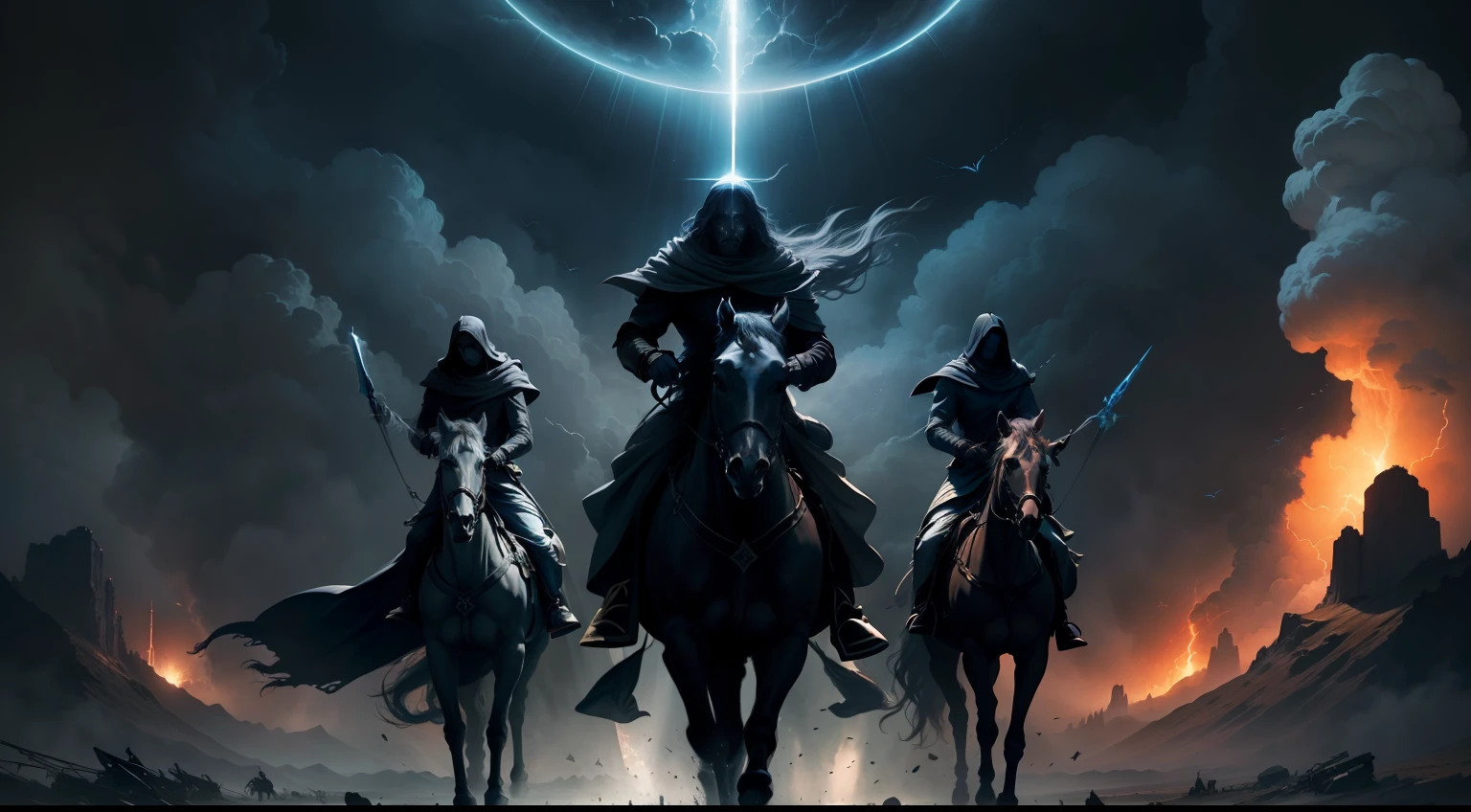"4 horsemen of Revelation" religious artwork, divine intervention, apocalyptic scene, celestial beings, heavenly light, epic composition, symbolic imagery, ominous atmosphere, dramatic colors, intense emotions, transcendent experience