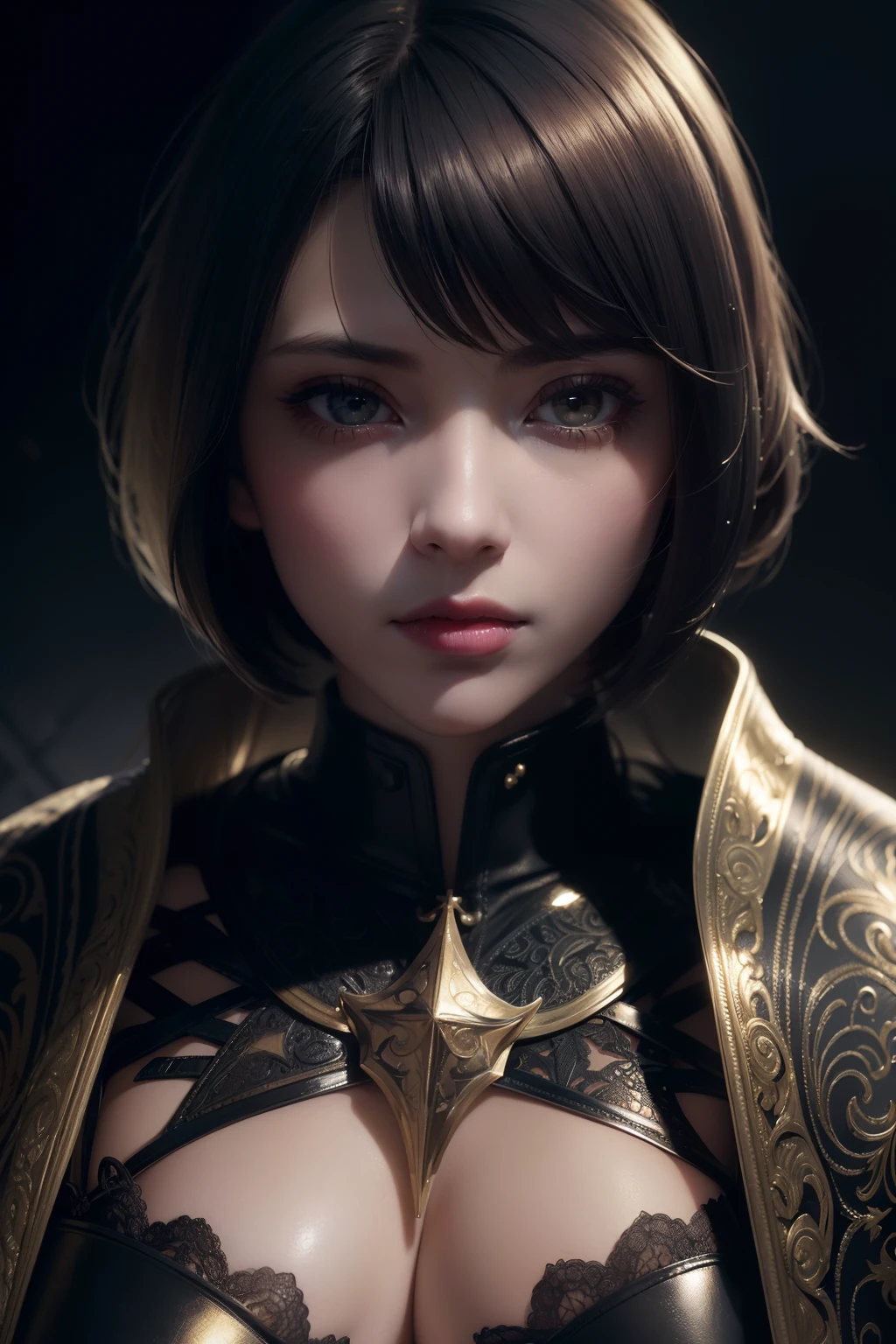 (((Saint Seya style aesthetic))) (Masterpiece) realistic big bust to the pelvic area ((beauty shape)) of a beauty hyperrealist & photorealist beauty young astonishing knight girl in highly & extremely detailed cropped black & gold plugsuit armor with cape & scarf (masterpiece), magic & incantation glowing flying surrounded her, Unity 8k, pearly perfect wet skin with pores (((short bob cut blonde hair with colorful bangs fringes))) ((perfect face shapes, complete perfect red lips, perfect nose, correct beautiful eyes, eyelashes, detailed intricate iris textured face in ZBrush)), Ultra HD, vines, (((cold colores illumination))), developed by Unreal Engine 5, Ultra Sharp Focus, Art by Alberto Seveso, Sci-Fi, vibrant & intricate Artwork, golden Ratio, epic