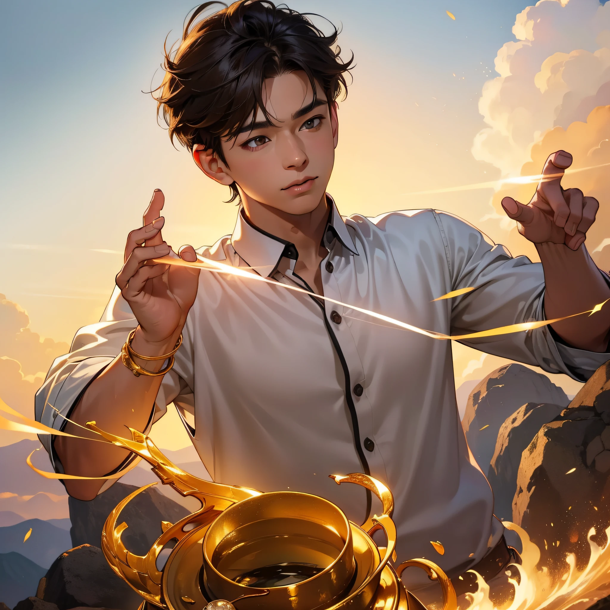 (in 8K、top-quality、masterpiece:1.2)、1 boy、short-haired、Hair short、Brown-skinned、Gold View、