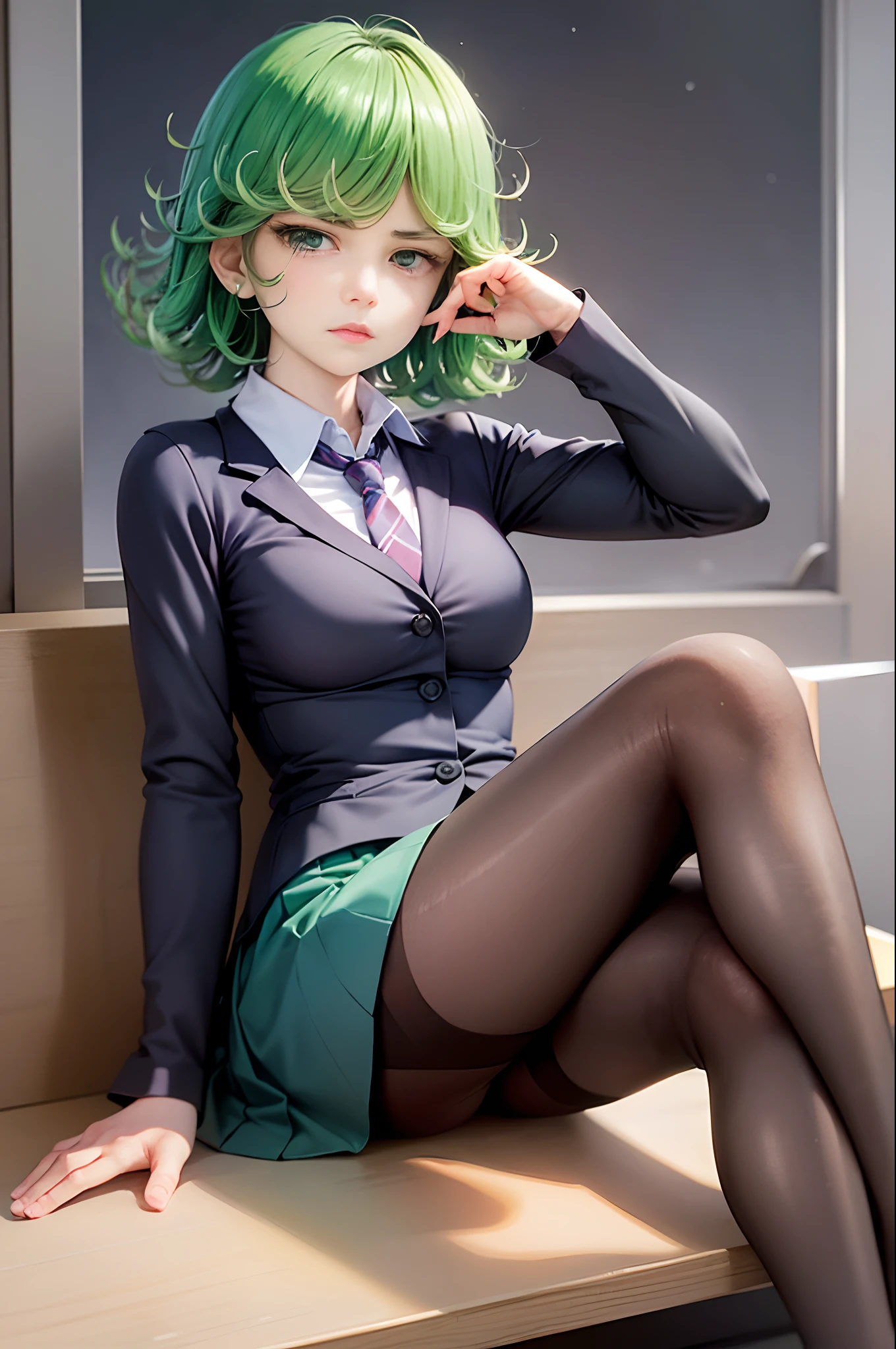 (masterpiece, best quality:1.2), solo, 1girl, tatsumaki, unamused, closed mouth, looking at viewer, hand on own face, sitting, crossed legs, collared shirt, necktie, skirt, pantyhose