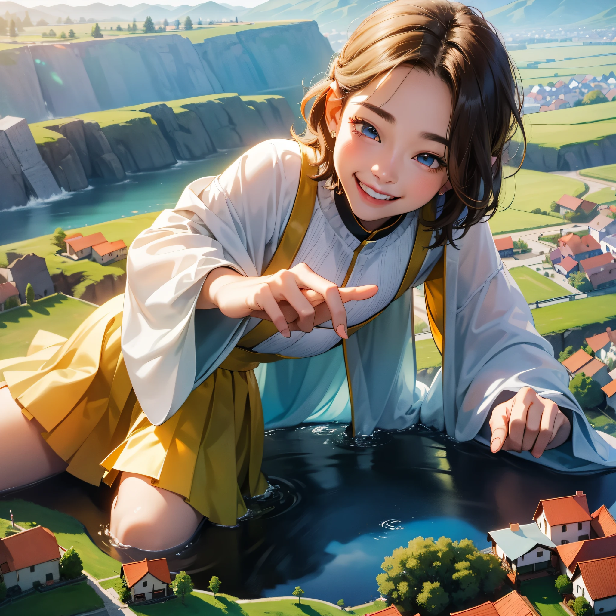 (in 8K、top-quality、masterpiece:1.2)、1人の女性、(Smiling smile:1.1)、beautidful eyes、Valley、The upper part of the body、shorth hair、Like a boy 、Quirk hair、short-cut、Gold View、