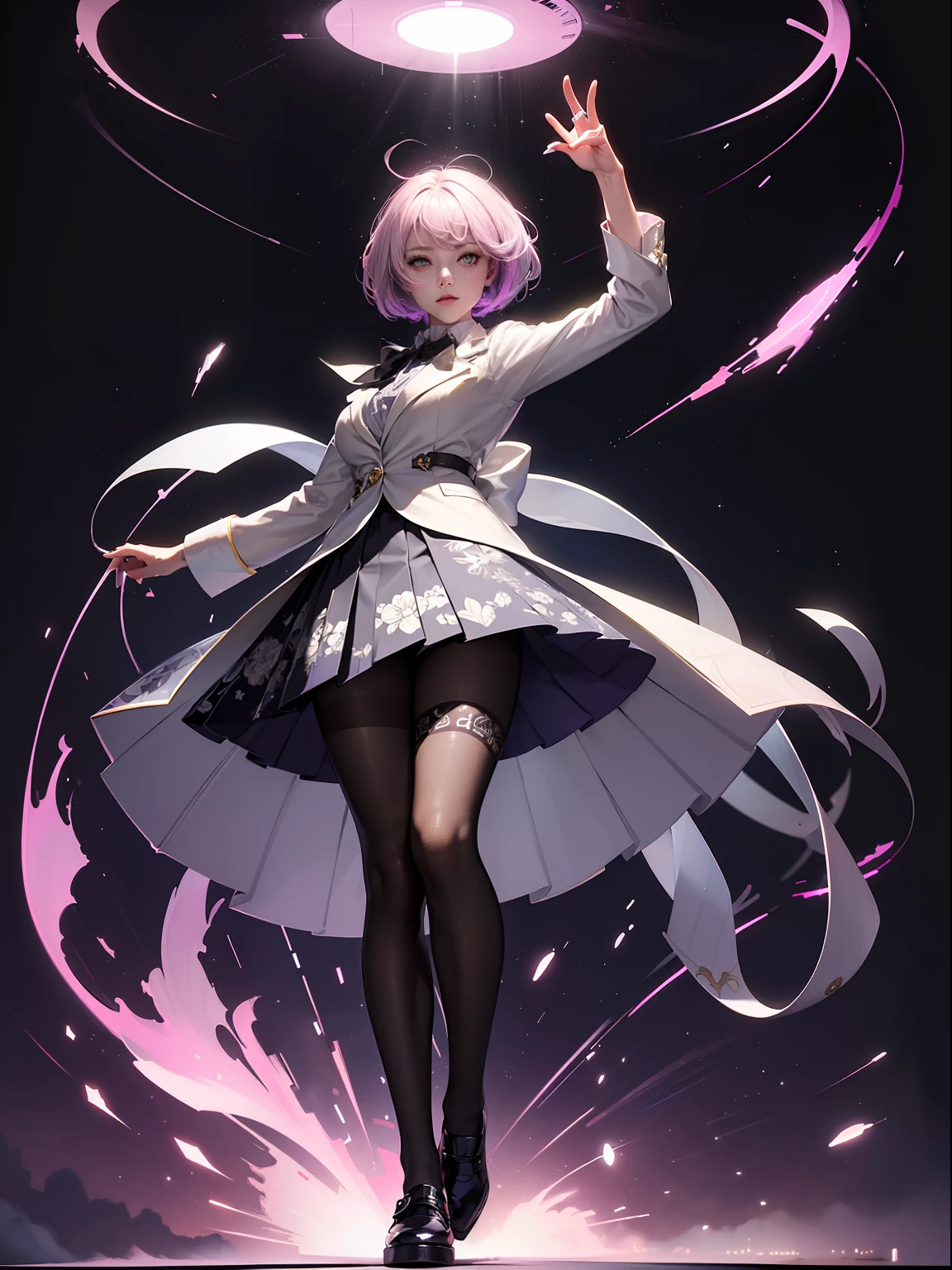 (full body:1.5),(1girl:1.3),(looking at viewer:1.4),(??????? correct:1.3),(In the paradise of the day:1.3),(Wearing Karin Kanzuki suit JK uniform printed Ultra short pleated skirt and JK uniform leather shoes with bow decoration ,and Very thick Printed Pantyhose :1.35), (Light particle effect:1.3),(In pink | amarelo | blue colors| green color |red colors | white colors| black in color| purpleish color| greys| Beige| Flesh color 1.4),(Glowing eyes:1.3),(Large amplitude action: 1.3),(Accurate and perfect face:1.4),(Clothing Gloss:1.25),(Skin reflection:1.25),hyper HD, Ray traching, reflective light,structurally correct, Award-Awarded, high detal, lightand shade contrast, Face lighting,cinmatic lighting, tmasterpiece, super detailing, high high quality, high detal, best qualityer, 16k,high contrast,