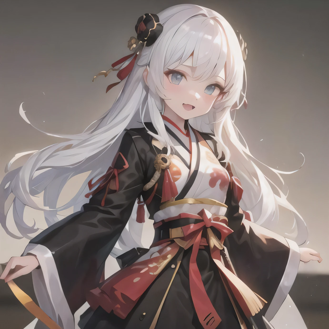 ((highres)), ((best quality)), masterpiece, ((official art)), 
1girl, standing,(white background:1.1),  looking at viewer, arms behind back, 
long flowing hair,white hair,blue eyes, light smile,open mouth, shiny skin, 
small breasts, thin,
hanfu,