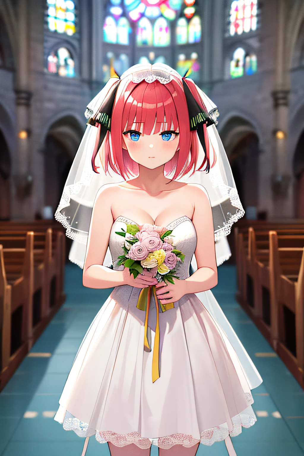 masterpiece, best quality, highres, nn1, 1girl, hair ribbon, short hair, wedding dress, mini dress, wedding_veil, cleavage, bouquet, church, cowboy shot, looking at viewer,