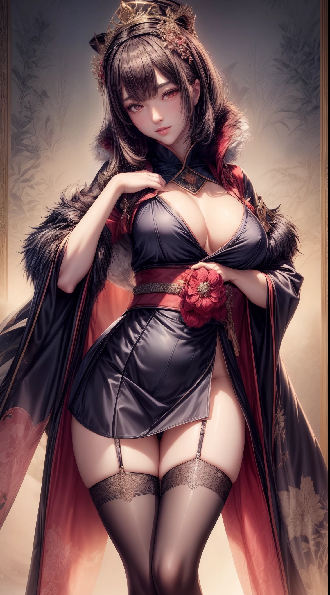 queen in kimono and midi skirt, satin, fur, (stockings), decollete, natural breasts, slim body, zettai ryouiki, medium length hair, beautiful detailed eyes, portrait, most realistic, highest quality, best pixels, 8k ultra