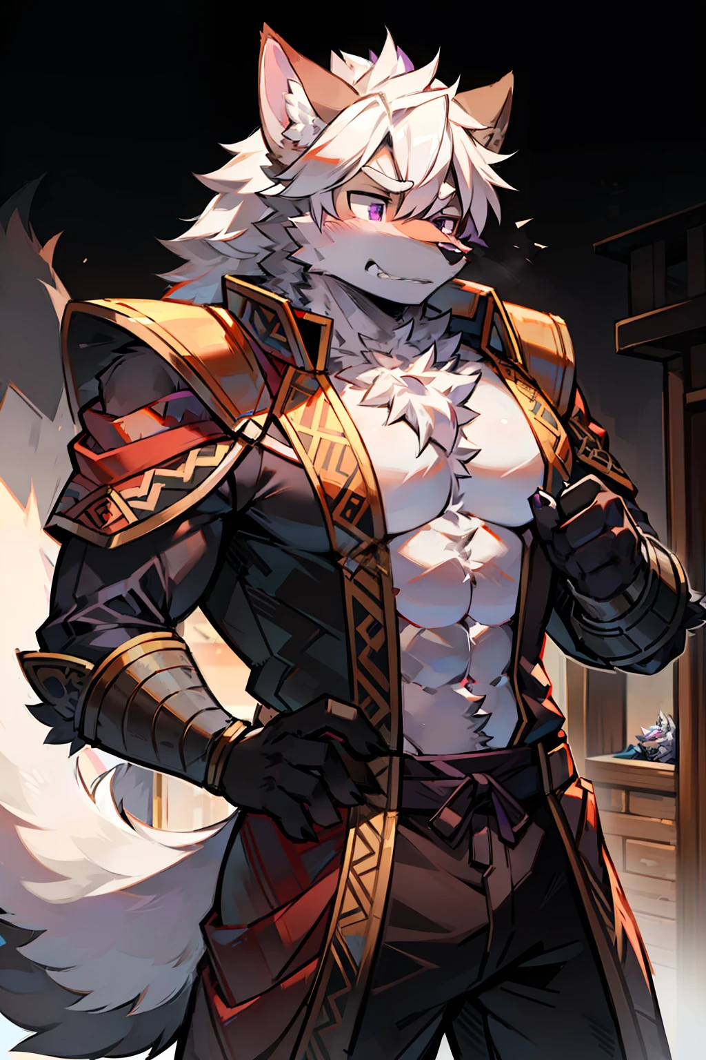 Double,shaggy male,hairy chest,coyote,canid,Gray fur,long white hair,The ends of the hair are purple,a purple eye,Bullied,adolable,Handsome,large tail,full bodyesbian,samurais,is dressed in armor,Defeated by the wicked,indomitable,Raped by the wicked