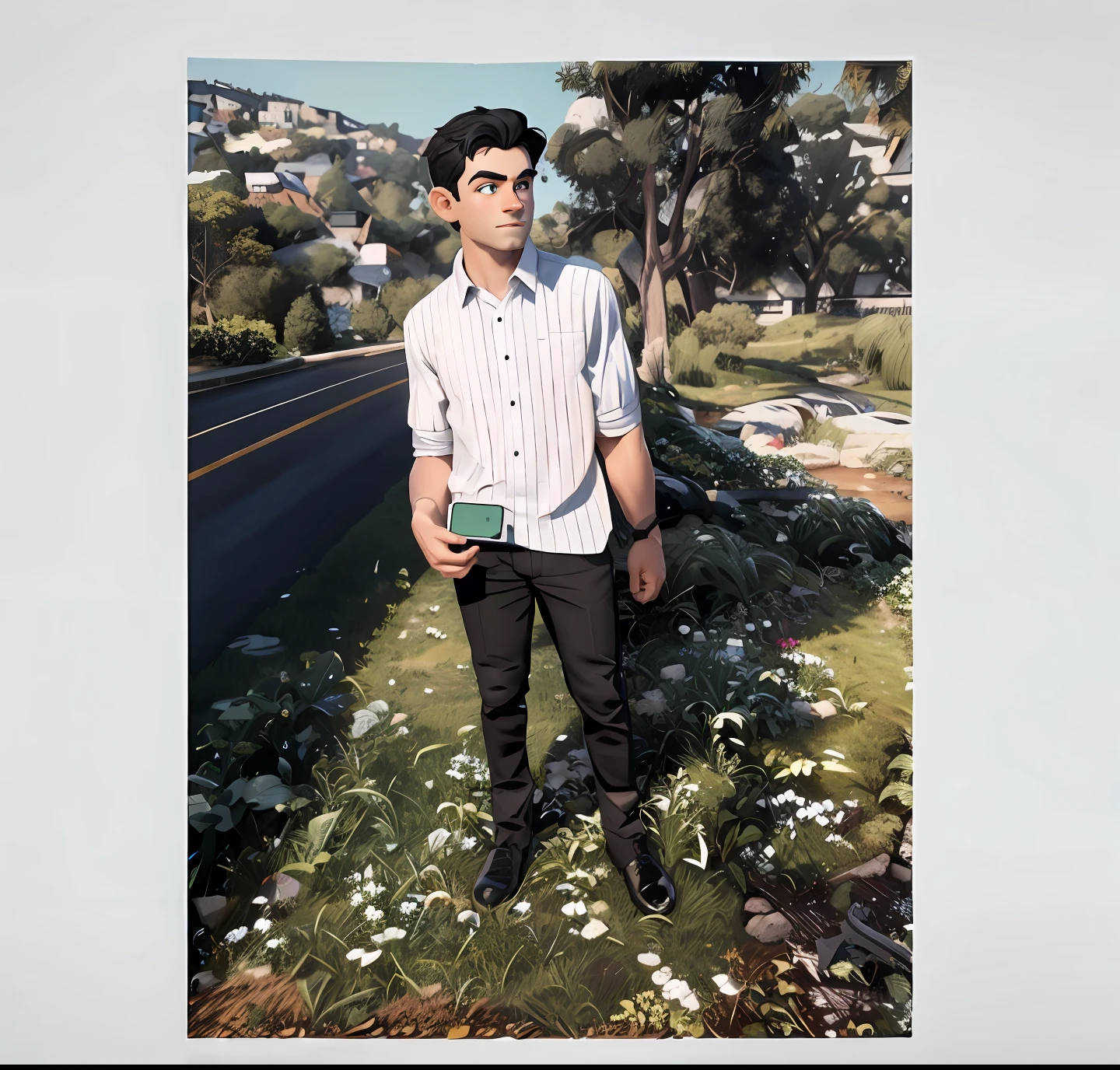 (Masterpiece: 1.5), (Best Quality: 1.5), High Resolution, Highly Detailed, 3DMM, 1boy, White Shirt, Black Pants, Black Shoes with White Sole, White Background with Shadow, Black Hair, Standing, Short Sleeves, Green Eyes, Simple CGI Background, Correct Posture, Second Cell Phone, 3D, Well Detailed Face, Highres, 8K
