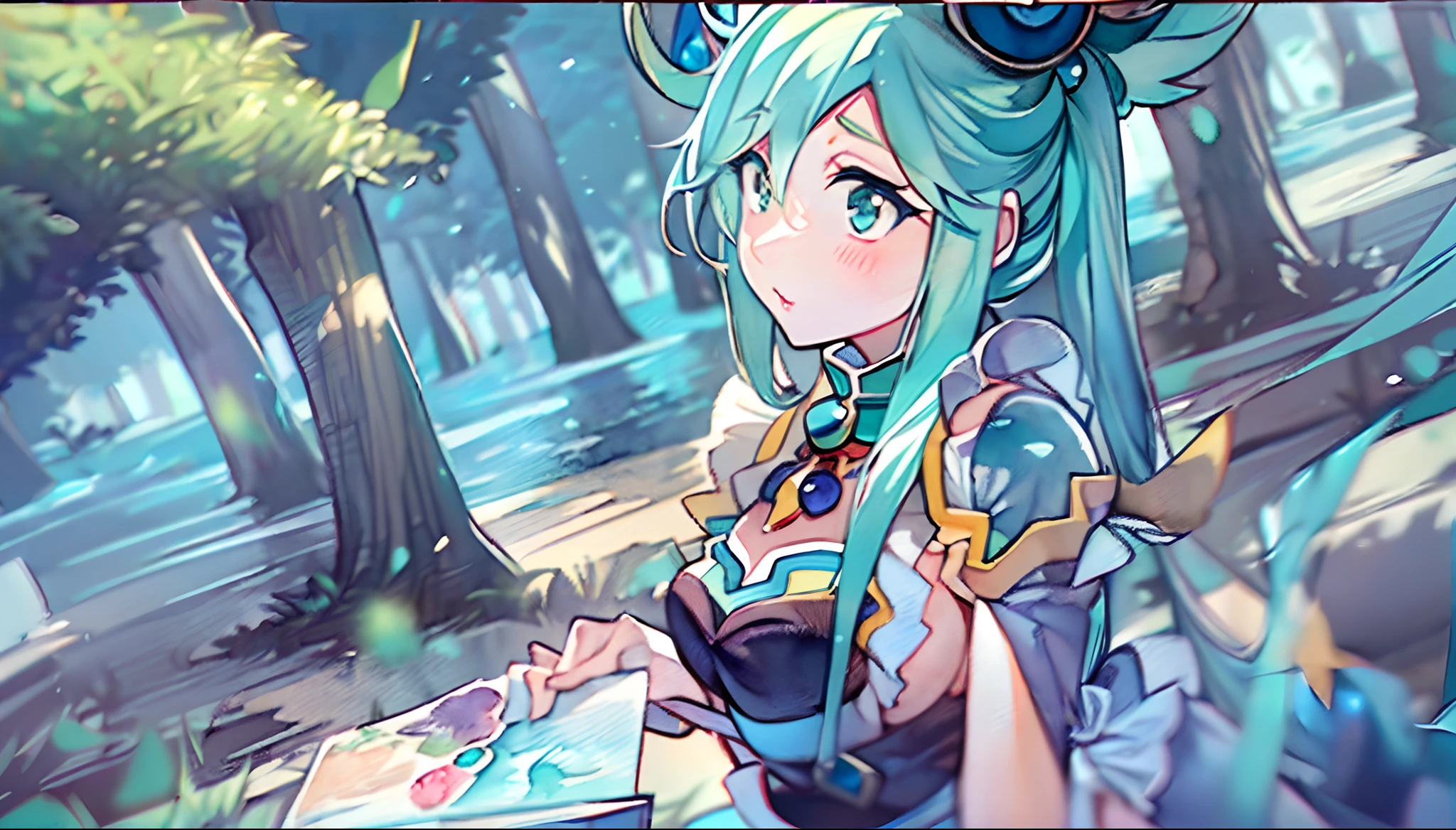 (Aqua from konosuba:1.5),(sexy maid:1.2),(magical forest:1.2),(cutesexyrobutts:1.2),(RossDraw 2.5:1.1),(KDA:1.1),(WLOP:1.1),(Sakimichan:1.1),(watercolor:1.2)