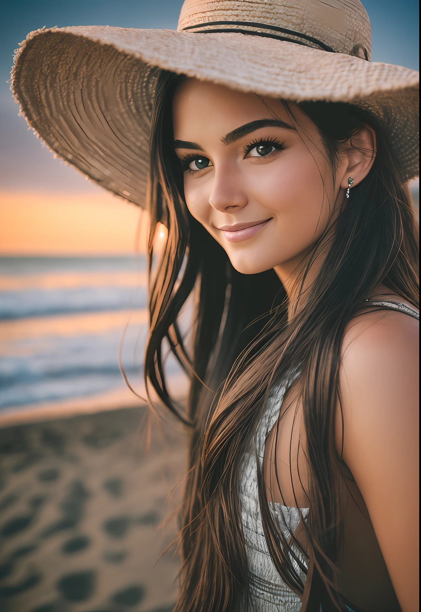 extremely beautiful woman, extremely detailed face, little smile, long hair, black hair, looking at the sunset on a beach, front view , ultra realist, deep photography,llford HP5 film,crushed blacks,depth of field,dark photo,filmic grain,shadows,natural light  - --auto --s2