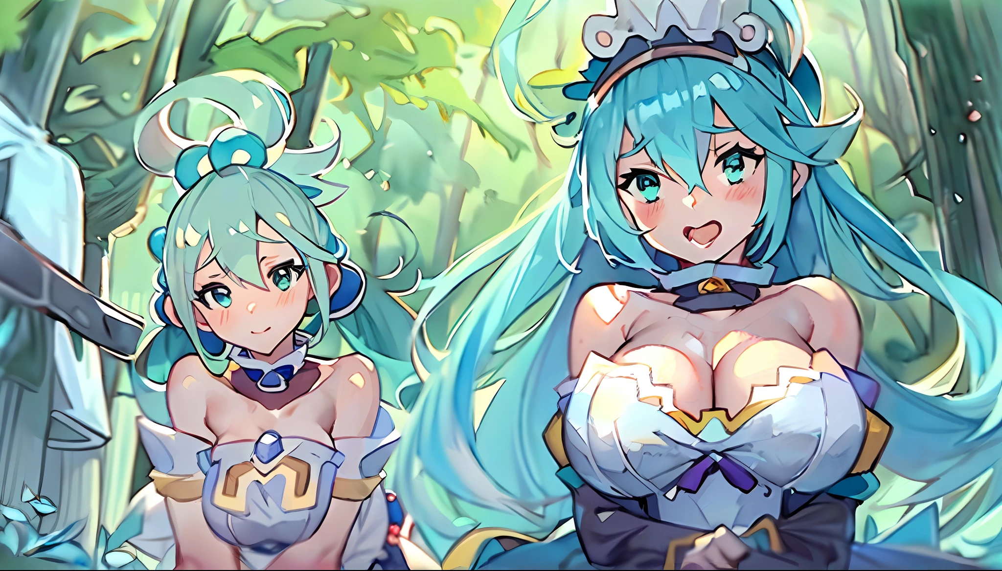 (Aqua from konosuba:1.5),(sexy maid:1.2),(magical forest:1.2),(cutesexyrobutts:1.2),(RossDraw 2.5:1.1),(KDA:1.1),(WLOP:1.1),(Sakimichan:1.1),(watercolor:1.2)