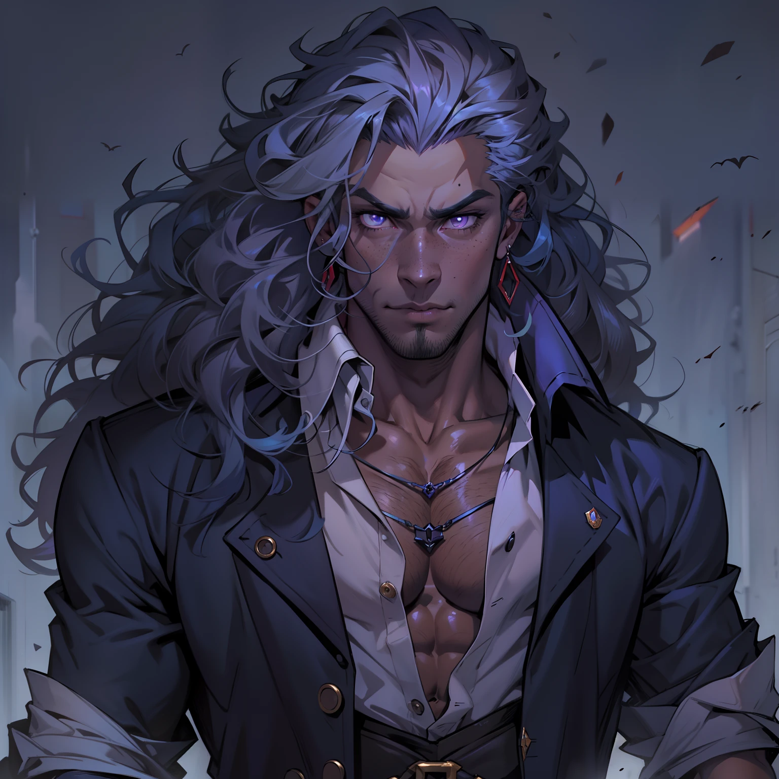 Handsome vampire male. Ash grey hair. Long curly hair. Royal attire. Muscular body. Freckles. Piercings. Hazel green eyes. Arrogant expression. Bara. Dark brown skin. Curly hair. 9 ft tall. Big bulge in pants. Blue hair tips. Purple eyes. Black shirt