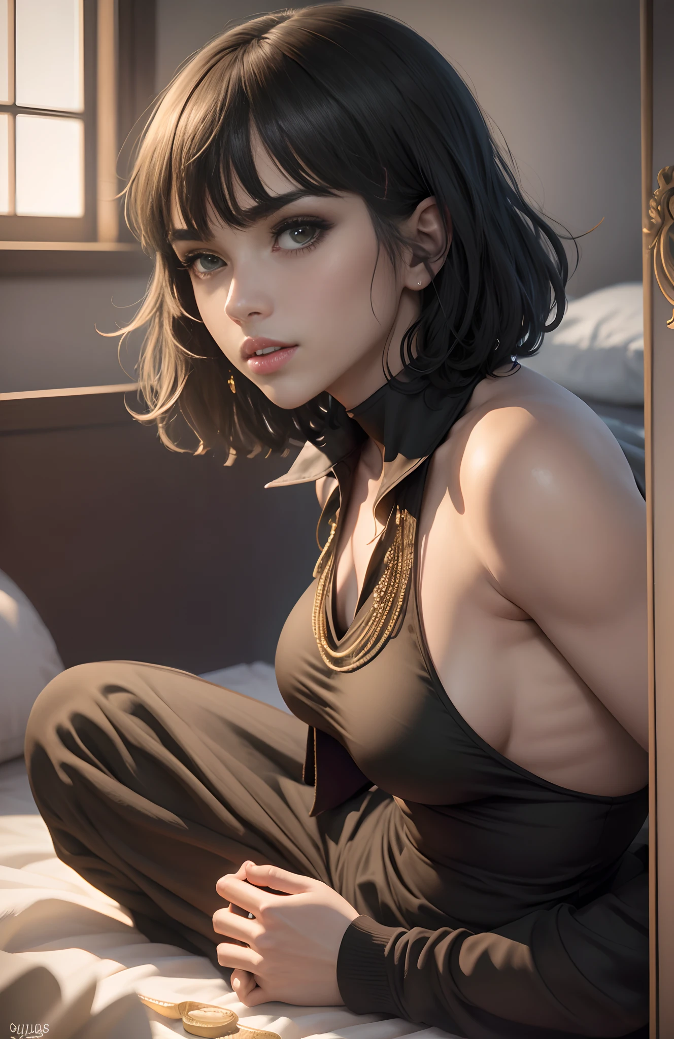 Obra maestra inmejorable, ultra-realista 8k CG, arte perfecto, super detailed, obra maestra, sthe highest qualit, high resolusion, manic detail, Hi-Def, alta calidad, cara detallada, extremidades corporales detalladas, 1girl, solo,fubuki,pelo verde oscuro, ropa sin mangas fubuki, cama de mujer, camisa sin mangas, prenda de rejilla, labios oscuros, chaqueta sin cremallera, sin sujetador, sin bragas, senos expuestos, rubor, medias blancas, ropa transparente, exposed pubic hair, dedos de los pies de camello, como jiri, pechos extremos, cuerpo femenino extremo, En todo el cuerpo, la mujer yace en la cama, pupilas blancas,gran trasero,muslos grandes,grandes pechos,looking back