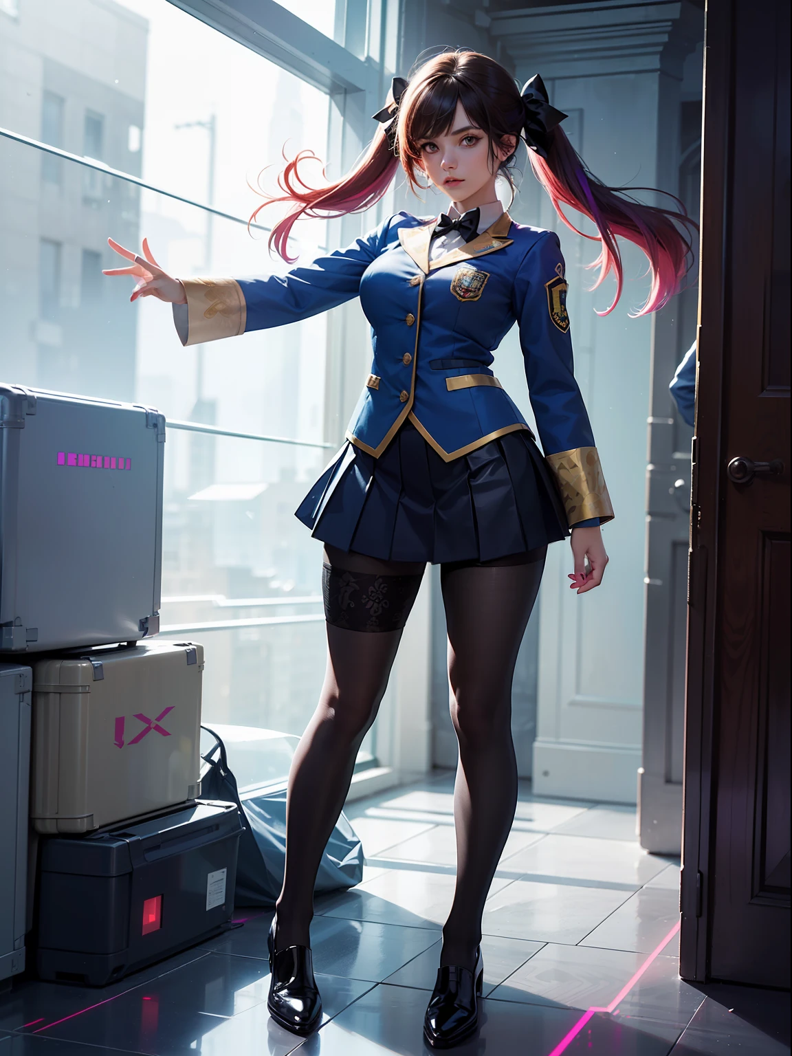 (full body:1.5),(1girl:1.3),(looking at viewer:1.4),(anatomy correct:1.3),(In the paradise of the day:1.3),(Wearing Rainbow Mika suit JK uniform printed Ultra short pleated skirt and JK uniform leather shoes with bow decoration ,and Very thick Printed Pantyhose :1.35), (Light particle effect:1.3),(In pink | amarelo | blue colors| green color |red colors | white colors| black in color| purpleish color| greys| Beige| Flesh color 1.4),(Glowing eyes:1.3),(Large amplitude action: 1.3),(Accurate and perfect face:1.4),(Clothing Gloss:1.25),(Skin reflection:1.25),hyper HD, Ray traching, reflective light,structurally correct, Award-Awarded, high detal, lightand shade contrast, Face lighting,cinmatic lighting, tmasterpiece, super detailing, high high quality, high detal, best qualityer, 16k,high contrast,