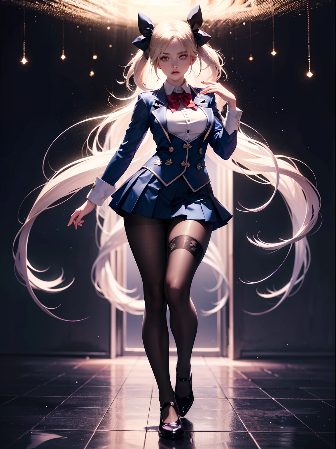 (full body:1.5)，(1girl:1.3),(looking at viewer:1.4)，(anatomy correct:1.3)，(In the paradise of the day:1.3),(Wearing Rainbow Mika suit JK uniform printed Ultra short pleated skirt and JK uniform leather shoes with bow decoration ，and Very thick Printed Pantyhose  :1.35), (Light particle effect:1.3),(In pink | amarelo | blue colors| green color |red colors | white colors| black in color| purpleish color| greys| Beige| Flesh color 1.4)，(Glowing eyes:1.3),(Large amplitude action: 1.3)，(Accurate and perfect face:1.4),(Clothing Gloss:1.25),(Skin reflection:1.25),hyper HD, Ray traching, reflective light，structurally correct, Award-Awarded, high detal, lightand shade contrast, Face lighting，cinmatic lighting, tmasterpiece, super detailing, high high quality, high detal, best qualityer, 16k，high contrast,