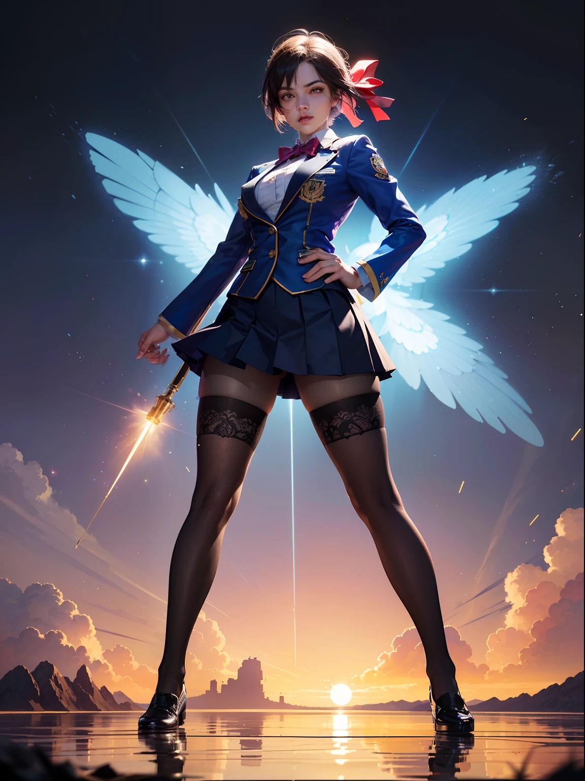 (full body:1.5)，(1girl:1.3),(looking at viewer:1.4)，(anatomy correct:1.3)，(In the paradise of the day:1.3),(Wearing Rainbow Mika suit JK uniform printed Ultra short pleated skirt and JK uniform leather shoes with bow decoration ，and Very thick Printed Pantyhose  :1.35), (Light particle effect:1.3),(In pink | amarelo | blue colors| green color |red colors | white colors| black in color| purpleish color| greys| Beige| Flesh color 1.4)，(Glowing eyes:1.3),(Large amplitude action: 1.3)，(Accurate and perfect face:1.4),(Clothing Gloss:1.25),(Skin reflection:1.25),hyper HD, Ray traching, reflective light，structurally correct, Award-Awarded, high detal, lightand shade contrast, Face lighting，cinmatic lighting, tmasterpiece, super detailing, high high quality, high detal, best qualityer, 16k，high contrast,