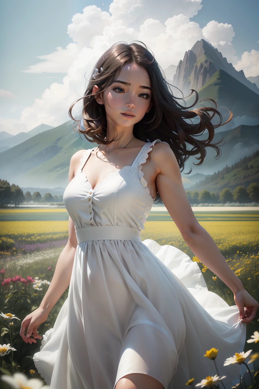 1girl, dynamic angle, cloud and mountain, (flower field:1.4) in the foreground, white dress, light tracing, (floating colorful wind:1) (photorealistic:1.4), official art, unity 8k wallpaper, ultra detailed, beautiful and aesthetic, masterpiece,best quality, glowing skin, cinematic lighting, light smile