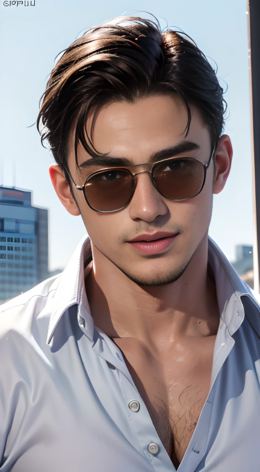 ((Men only)), (head shot), (only face), (Tanned handsome muscular man in his 20s), (wearing black sunglasses), (wearing dress shirt), (Pietro Boselli), (showing his abs), (Mischievous smile), (detaile: 1 in 1), Natural muscles, HIG quality, beautidful eyes, (Detailed face and eyes), (Face、: 1 / 2), Noise, Real Photographics、... .................................................................................................................PSD, Sharp Focus, High resolution 8K, realisitic & Professional Photography, 8K UHD, Soft lighting, High quality, Film grain, FujifilmXT3