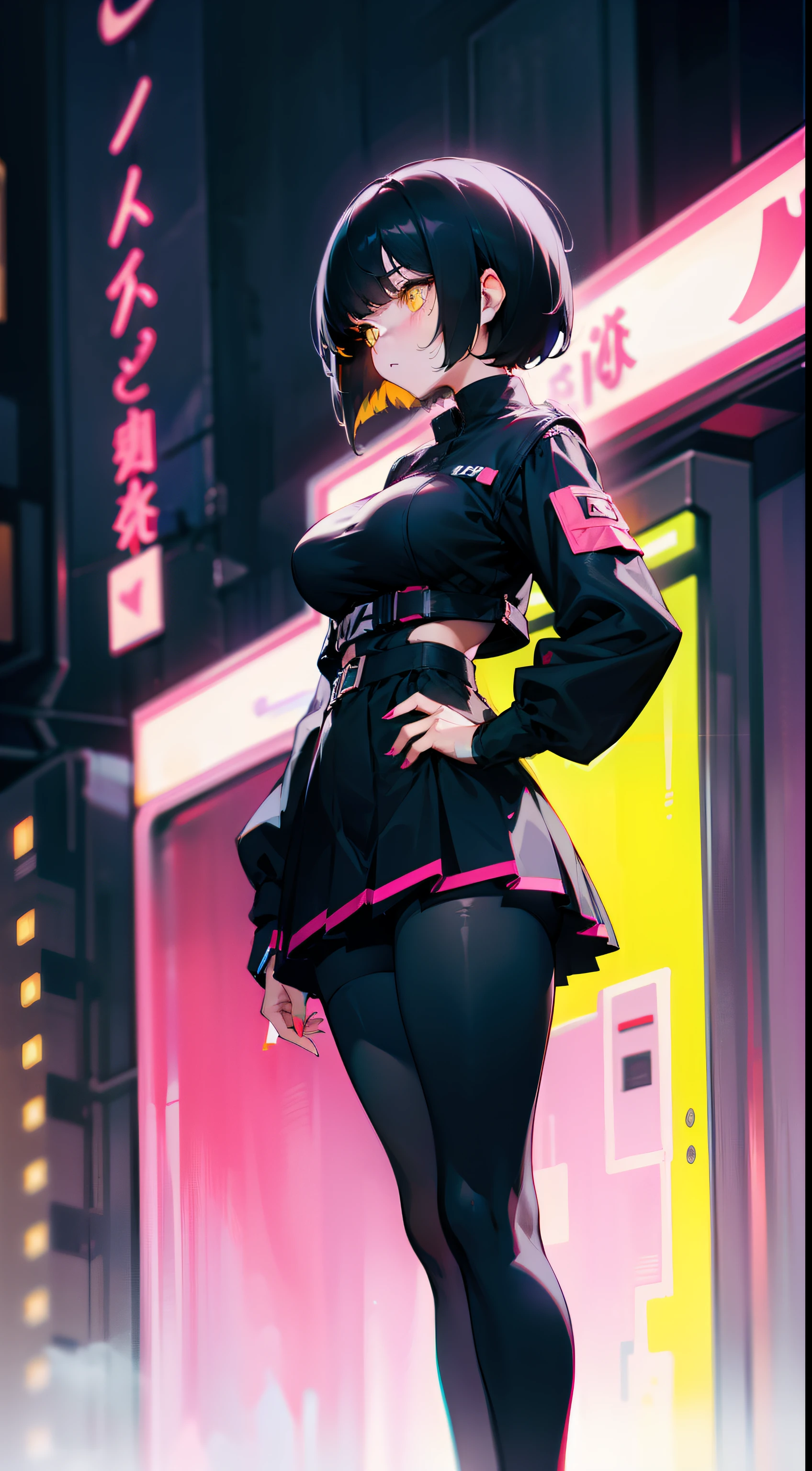 Black hair, short hair, legging, medium stature, feminino, big breasts, neon city, day, short skirt, yellow eyes, embarassed