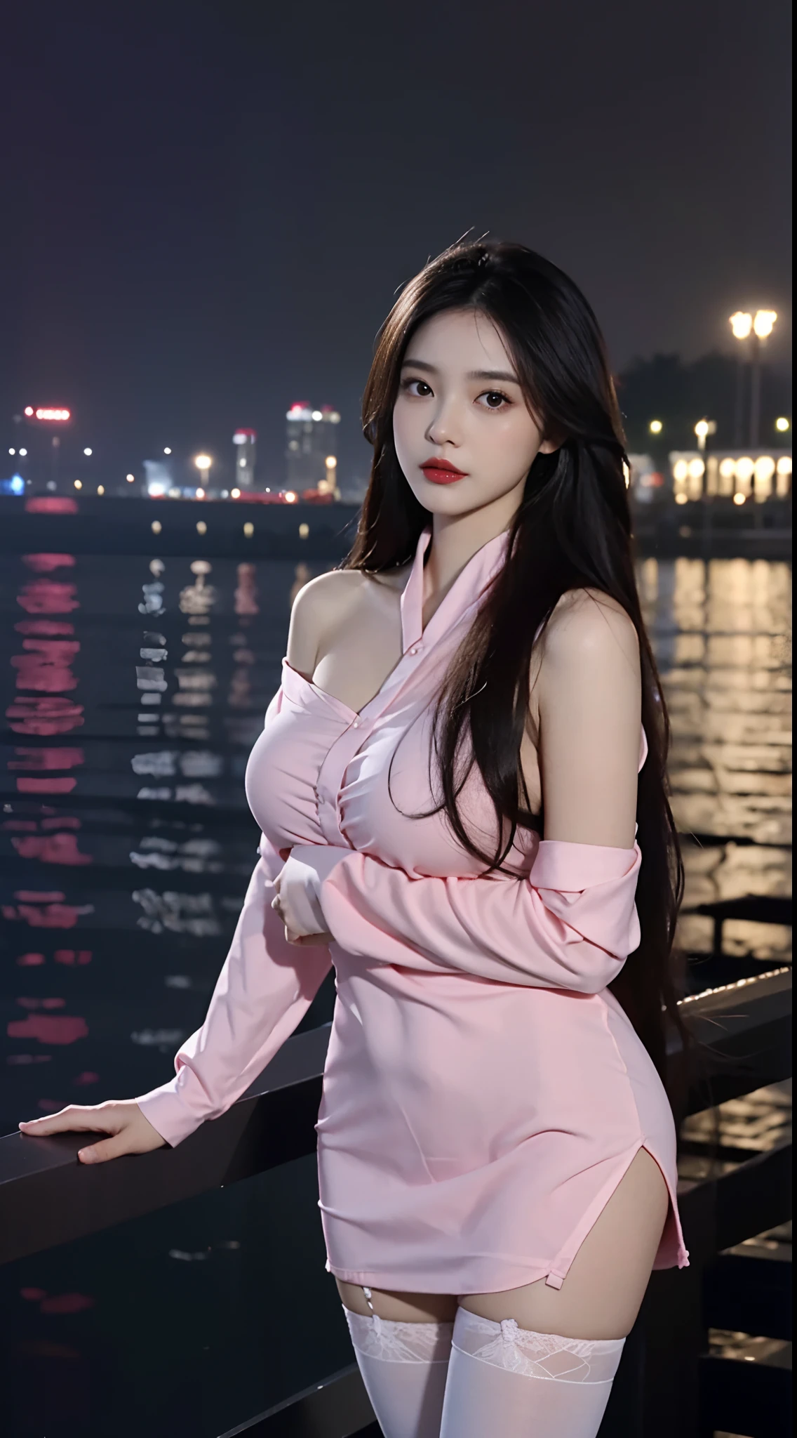 A perfect young female white-collar worker,Chinese big breasts,High picture quality,Works of masters,Black hair,Long hair shawl,Long hair flowing over the shoulders,cropped shoulders,鎖骨,exquisite face,Hydrated red lips,Pink shirt,Banzoe bartic(show legs),Hosiery,white stockings,Mannequin,model photography,Real Persono,Hangzhou West Lake background,CG rendering,16k,Stand up,The night view was beautiful,((Hide your hands,Do not show your hands)),Do not show your hands,Close-up shot