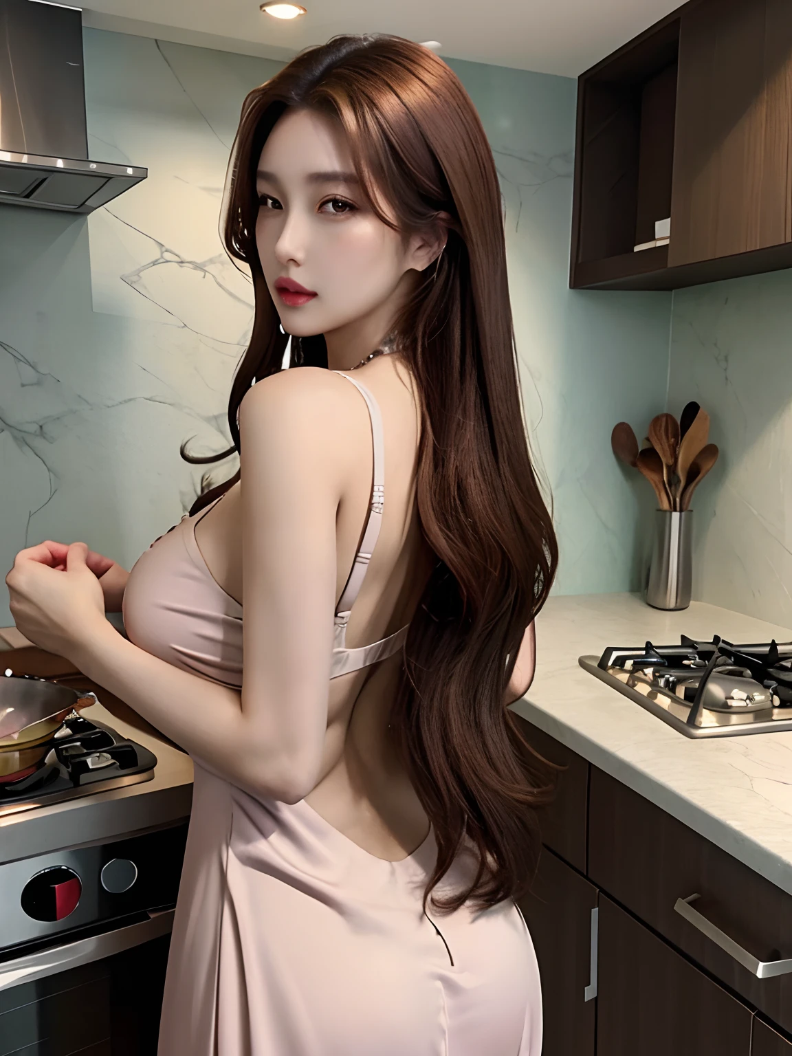 tmasterpiece,high qulity,8k wallpaper,Close-up of a woman with brown hair,Refined face,耳Nipple Ring,Sexy buttocks,Demure back,tightly dress,Highlight the graphic,Kitchen background,Epic and beautiful character art