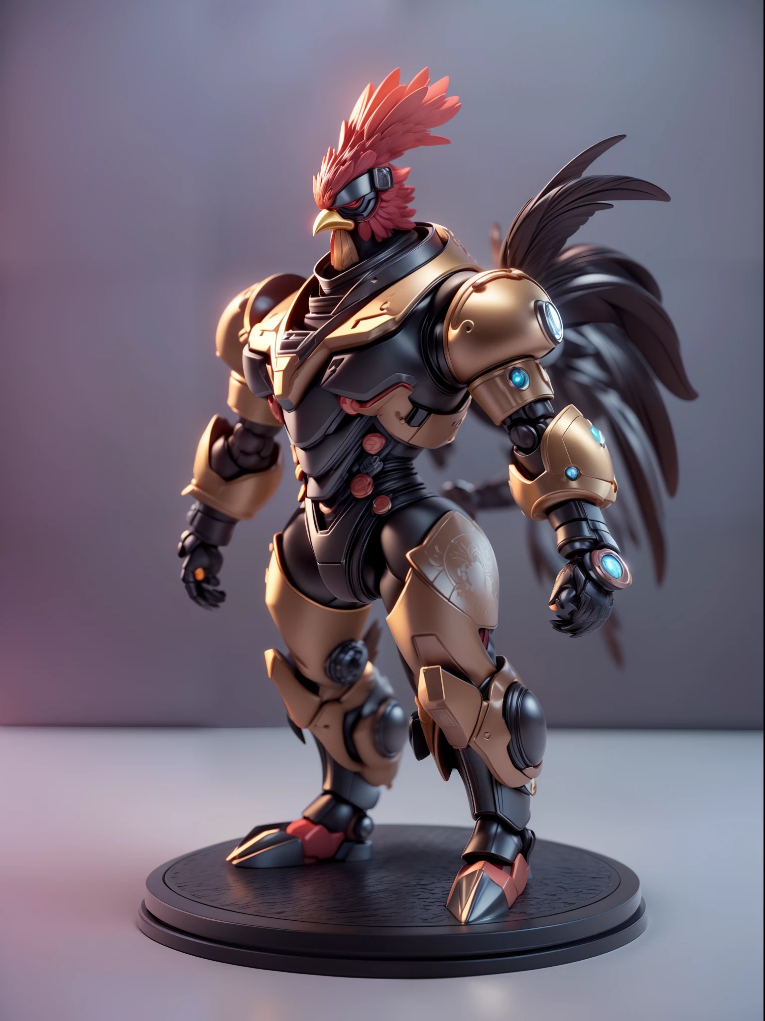 (Blind box toy style:1.3),((Full body shot))(anthropomorphism) , (1 strong rooster mecha warrior)(((solo))) metal mecha,dreamy glow, Clean dark background,Brown black style，(circular base）( Global illumination, Ray tracing, hdr, unreal render,reasonable design, high detail, Masterpiece, Best quality, hyper HD, Cinematic lighting)