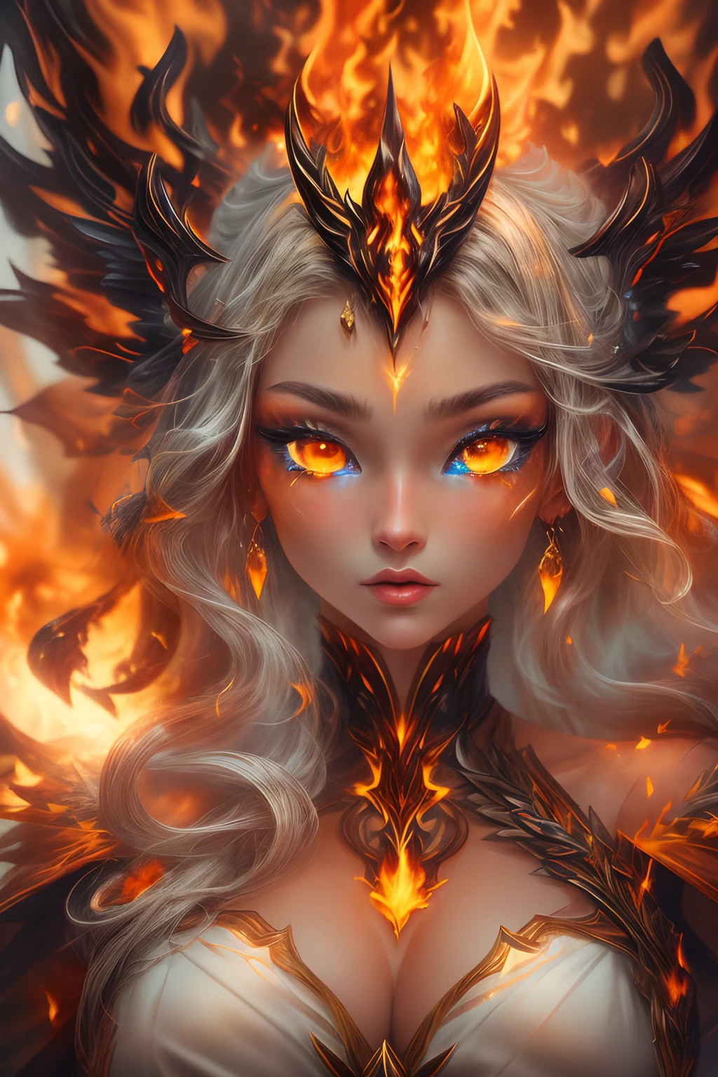 This (realistic fantasy) art contains embers, real flames, real heat, and realistic fire. Generate a masterpiece artwork of a ite female fire druid with large (((orange and gold))) eyes. The fire druid is awe-inspiring with beautiful ((realistic fiery eyes)) alight with confidence and power. Her features are elegant and well defined, with ((soft)) and (((puffy))) and (((smooth))) lips, elven bone structure, and realistic shading. Her eyes are important and should be the focal point of this artwork, with ((extremely realistic details, macro details, and shimmer.)) She is wearing a billowing and glittering gown ((made of realistic flames)) and jewels that glimmer in the fire light. Wisps of fire and smoke line the intricate bodice of the dress. Include bumps, stones, fiery iridescence, glowing embers, silk and satin and leather, an interesting background, and heavy fantasy elements. Camera: Utilize dynamic composition techniques to enhance the realistic flames.