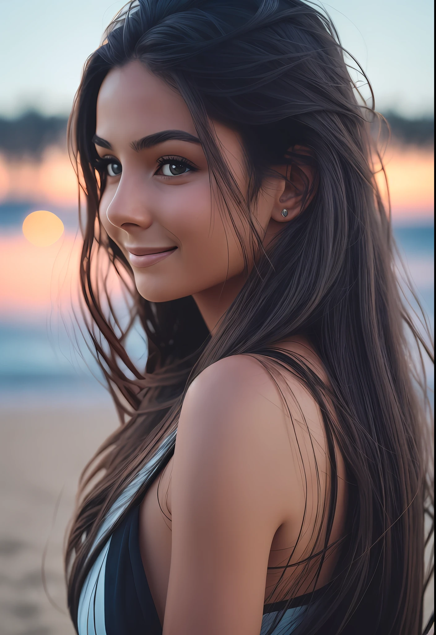 extremely beautiful woman, extremely detailed face, little smile, long hair, black hair, looking at the sunset on a beach, front view , ultra realist, deep photography,llford HP5 film,crushed blacks,depth of field,dark photo,filmic grain,shadows,natural light - --auto --s2