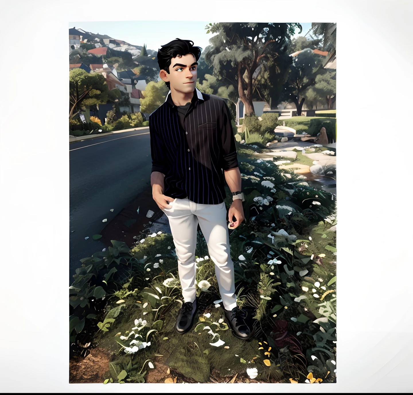 (Masterpiece: 1.5), (Best Quality: 1.5), High Resolution, Highly Detailed, 3DMM, 1boy, White Shirt, Black Pants, Black Shoes with White Sole, White Background with Shadow, Black Hair, Standing, Short Sleeves, Green Eyes, Simple CGI Background, Correct Posture, Second Cell Phone, 3D, Well Detailed Face, Highres, 8K